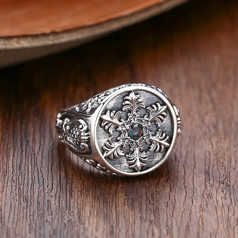 

S925 sterling silver ring snowflake men ring index finger opening thai silver retro distressed jewelry