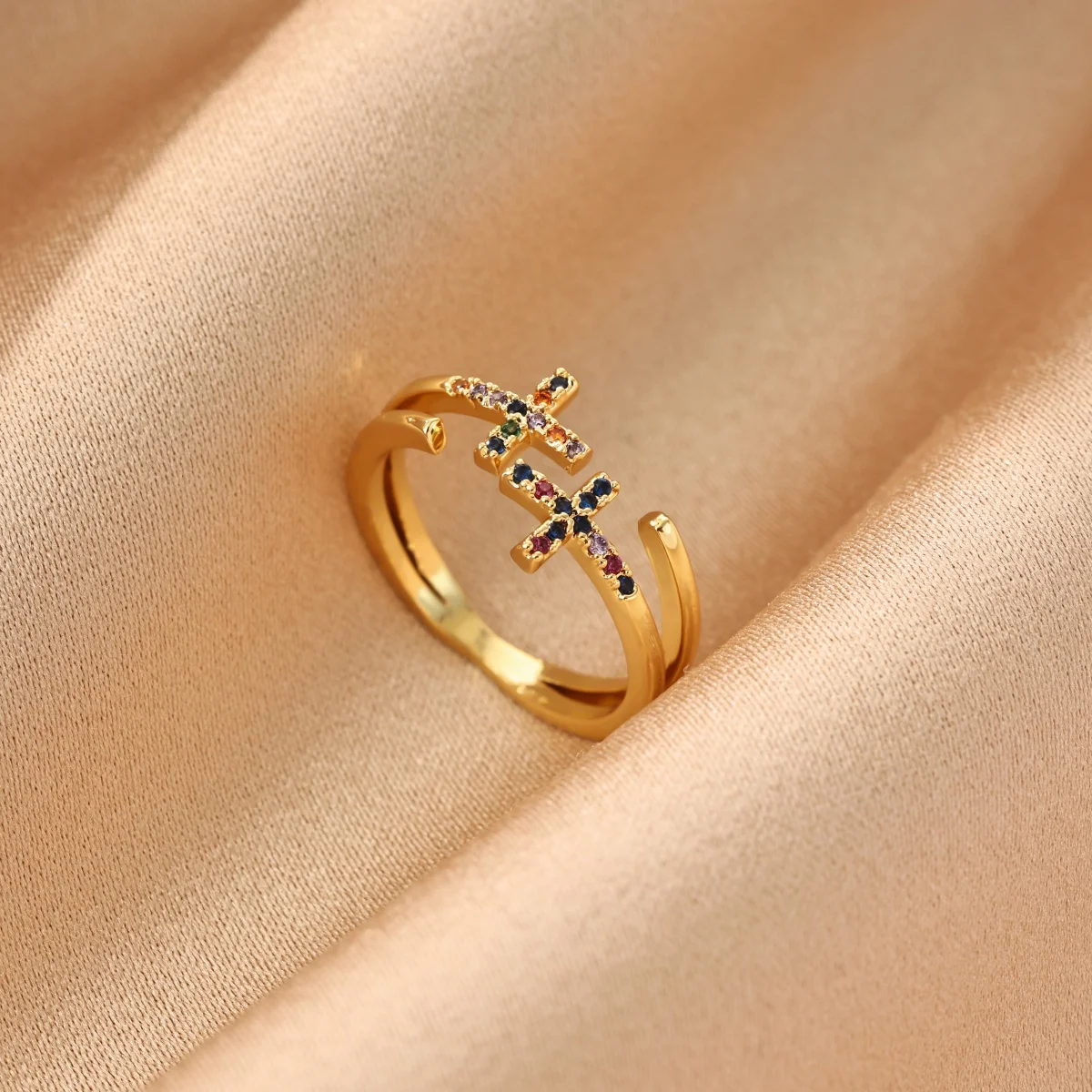 Bunte Zirkon-Doppelkreuzringe für Damen, Kupfer, Goldfarben, zierlicher, verstellbarer, offener Manschettenring, ästhetischer, trendiger, religiöser Schmuck – Detail 3