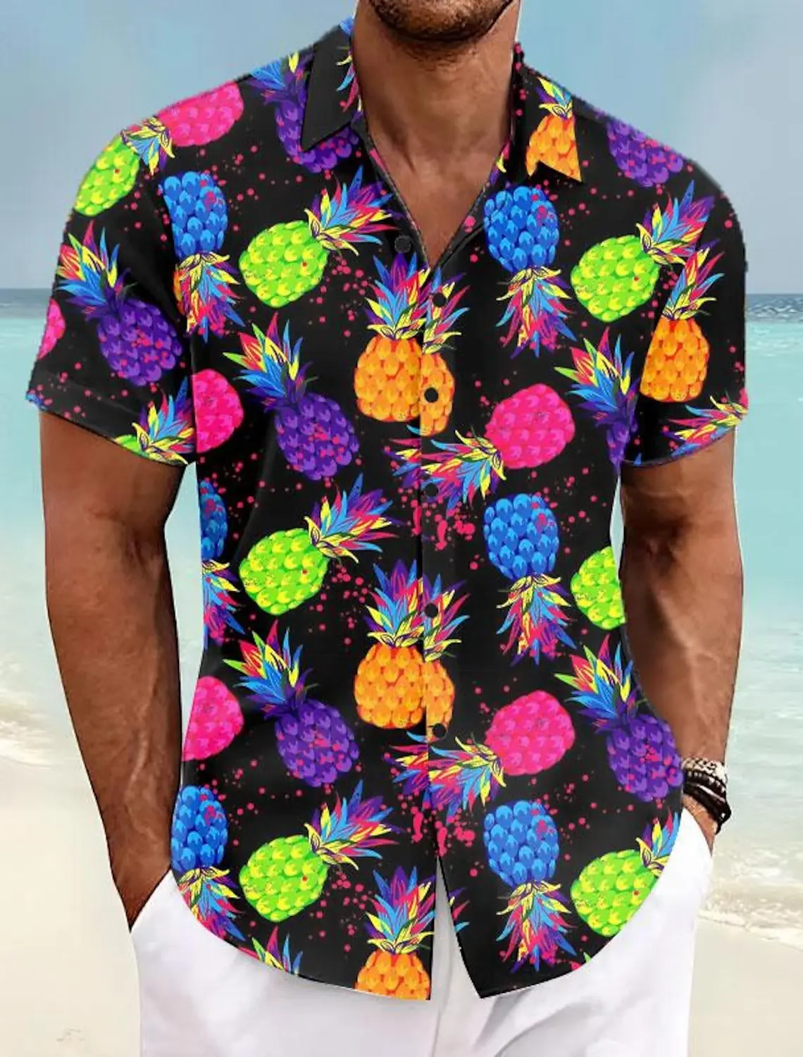 Pineapple Tropical Men's Shirt Summer Aloha Shirt Casual Holiday Summer Spring Turndown Short Sleeve Stretch Fabric Shirt