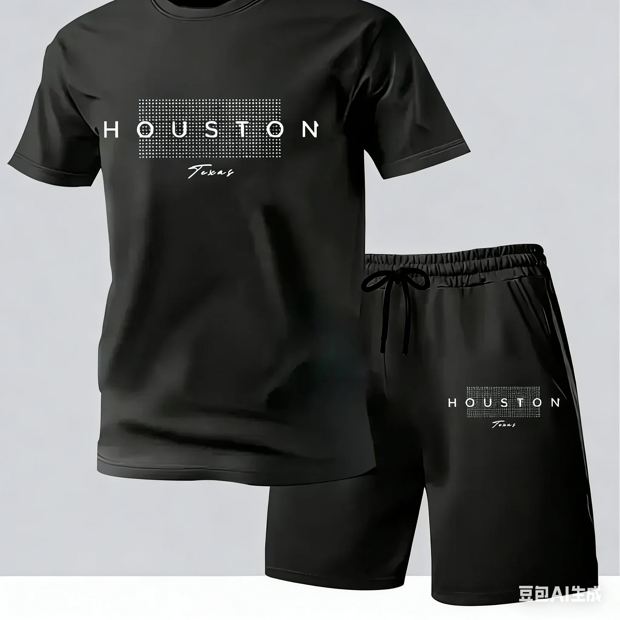 

Men's 2 Piece HOUSTON Print T Shirt Set Casual Summer Tracksuit Short Sleeve Athletic Jogger Set for Beach Sports Streetwear