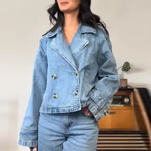 Mode Frauenknopf Denimjacke Blau Turrenhälfte Leichter Ärmel Frauen tolle High Great High Spring Street Lady Lady Outwear Outwear 8 Hauptverkäufe Frauen hellblauer Mantel - №1