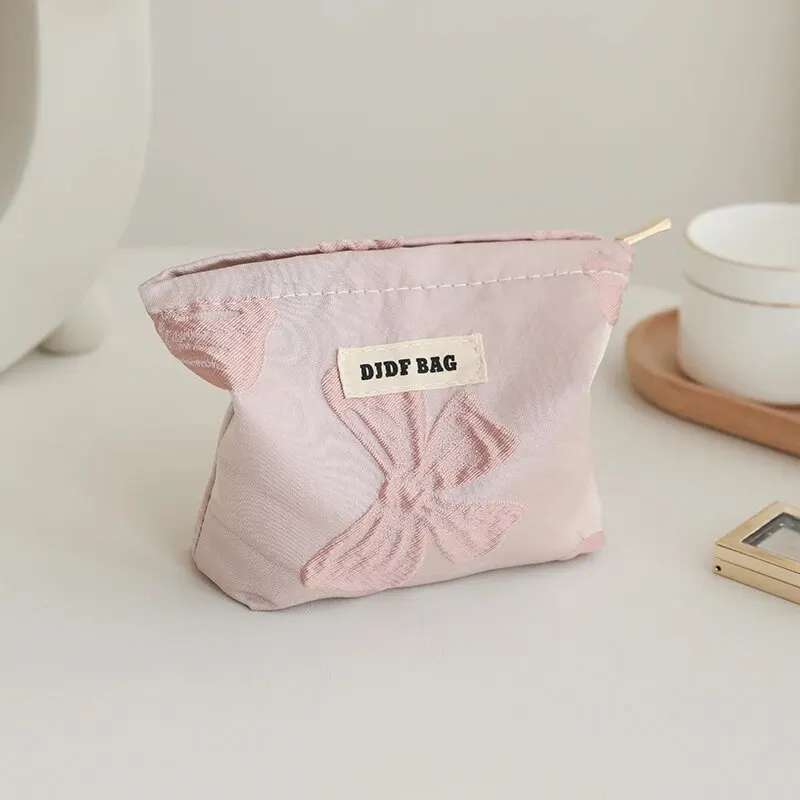 Women\'s Makeup Bag Small Pink Bow Large Capacity Makeup Lipstick Storage Bag Portable Coin Purse Commuter Clutch Ins Style