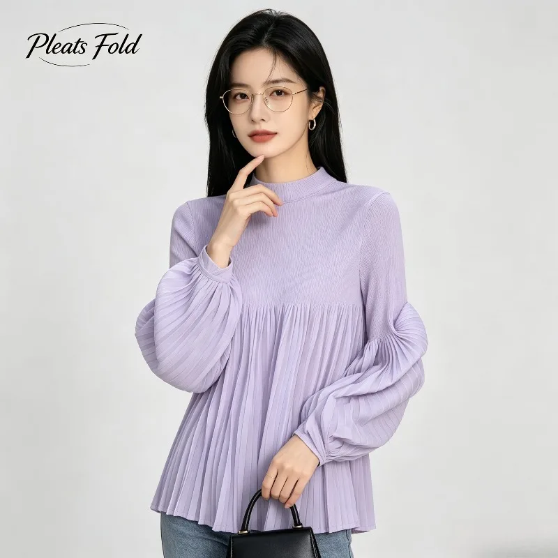 Miyake Pleated 2026 Autumn Spring New High-End Pleated Casual Fashion Princess Style Top Puff Sleeve Plus Size Loose T-Shirt