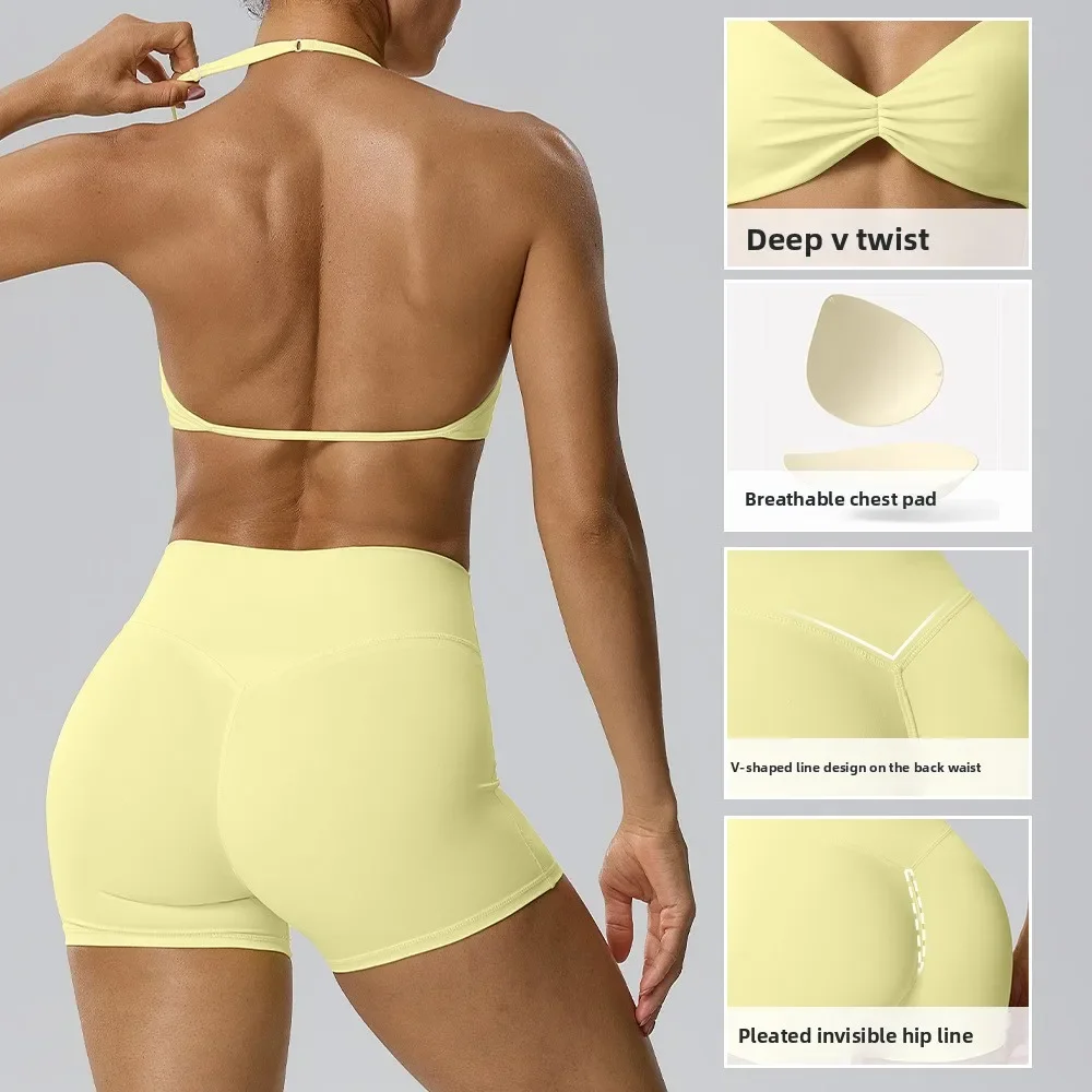 Sports women's yoga suit sexy slim shoulder strap hanging neck bra underwear invisible hip lifting shorts three quarter pants