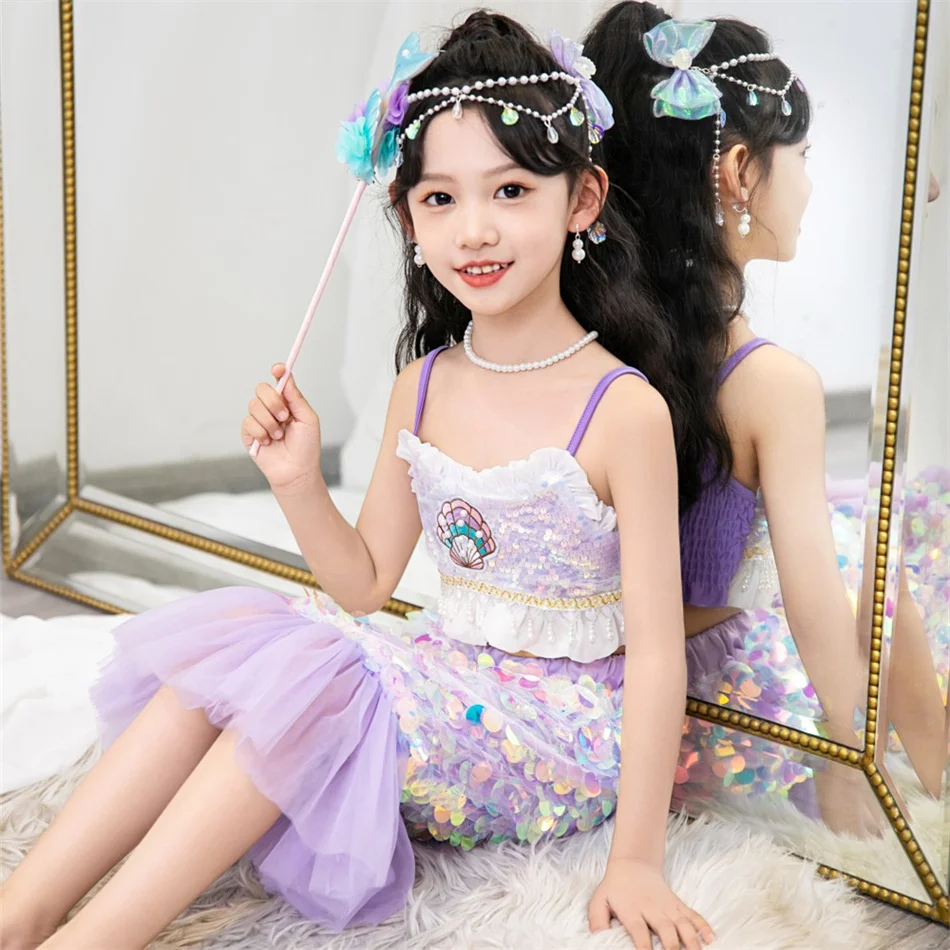 Girls Summer Mermaid Cosplay Shell Print Princess Dress Children Ariel Role Play Vestidos Kids Birthday Halloween Party Costume