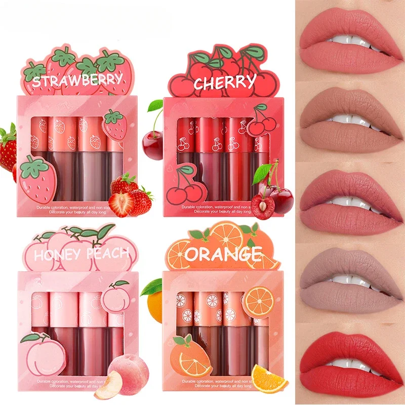 4 pz/set Mini Matte Lip Glaze Set Non sbiadisce antiaderente frutta Lip Glaze rossetti liquidi rossetto opaco Lip Gloss donna cosmetico