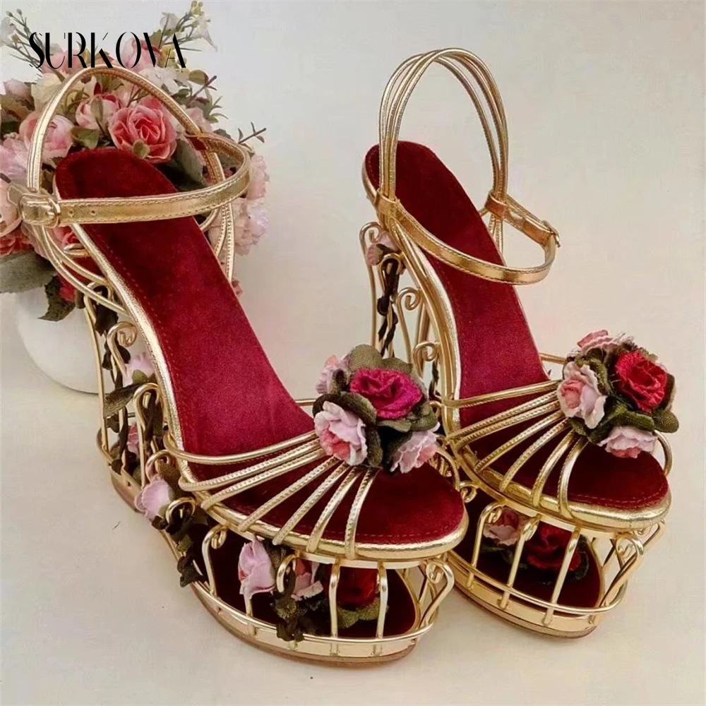 

Red Rose Hollow Platform High Heels Gold Birdcage Unique Designer Custom Ladies Sandals Fashion and Elegant Hollow Wedge Sandals