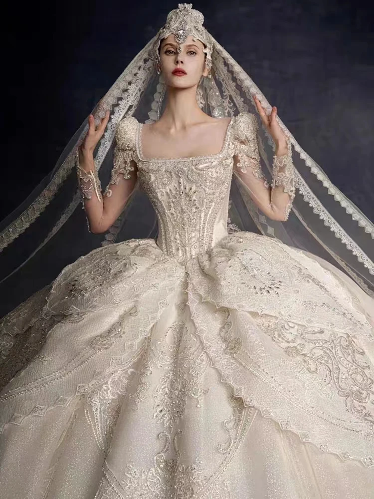 Luxury Court Queen's Wedding Dress Heavy craftsmanship France Louvre Amanda Novia Haute Couture Long Sleeve Bride Dress Weddings