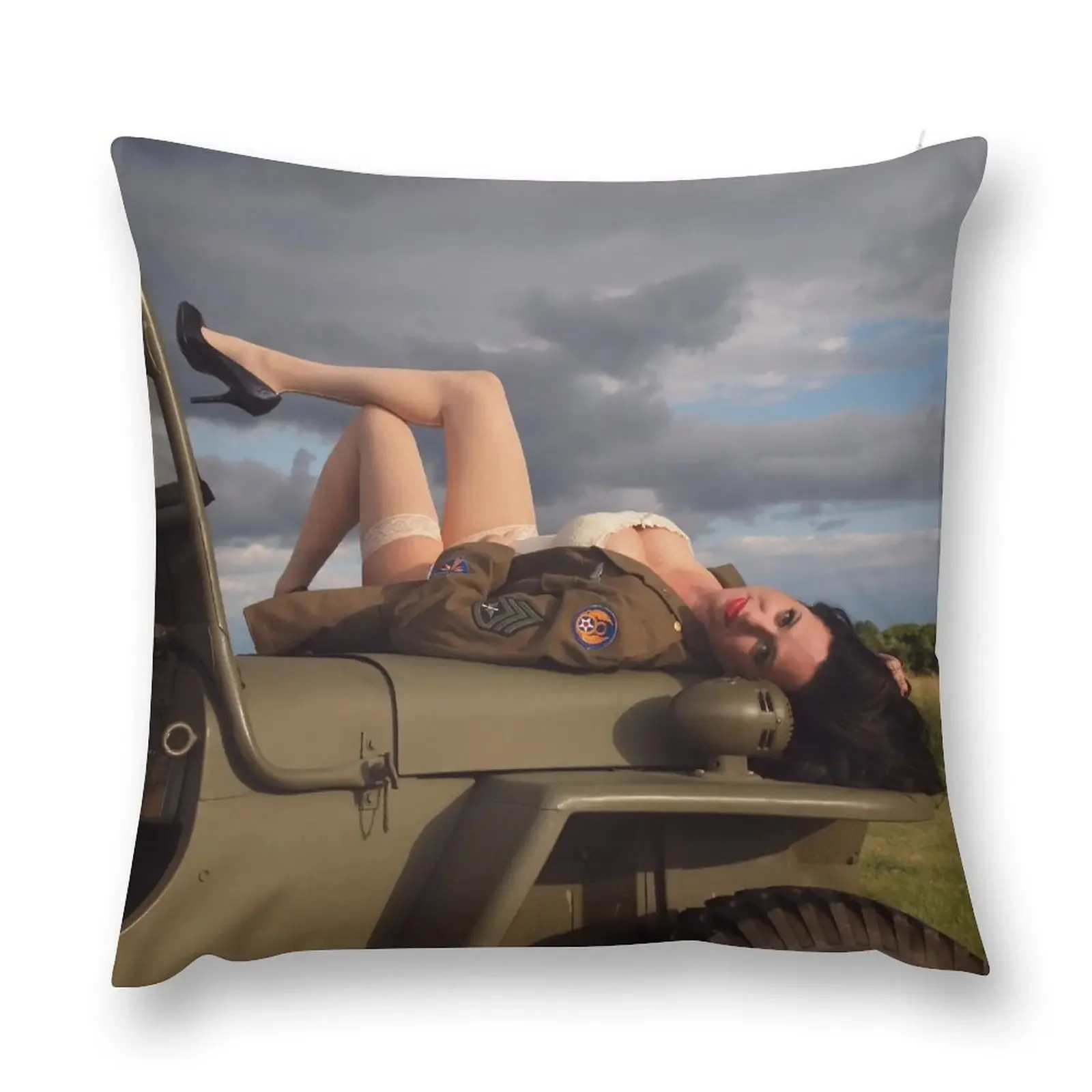 Ivette on a 1944 Willys MB Throw Pillow Decorative pillowcase anime girl pillow