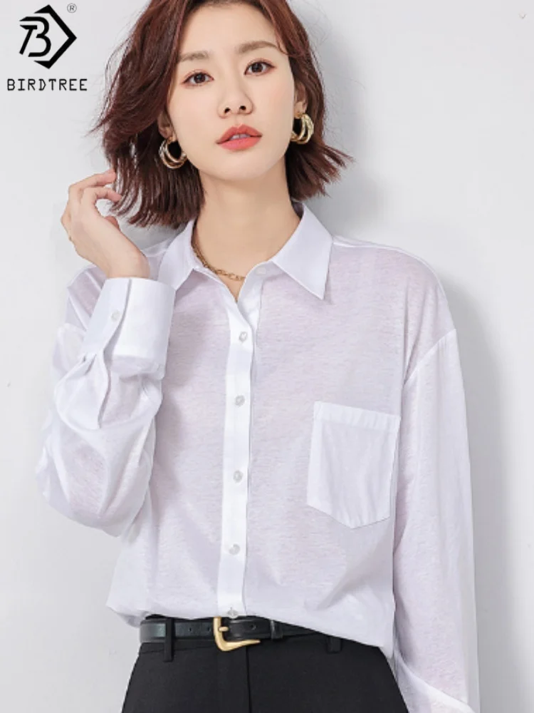 

Birdtree 7,8% шелк 54,1% хлопковые рубашки, женские однотонные свободные блузки с воротником-поло и длинными рукавами, новинка 2025 года T57027JF