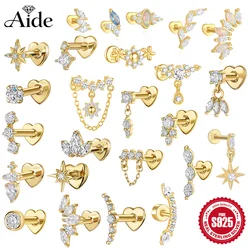 Aide 925 Sterling Silver New Trendy Tragus Cartilage Piercing Stud Earrings For Women Gift Clear CZ Zircon Dragonfly Labret Stud