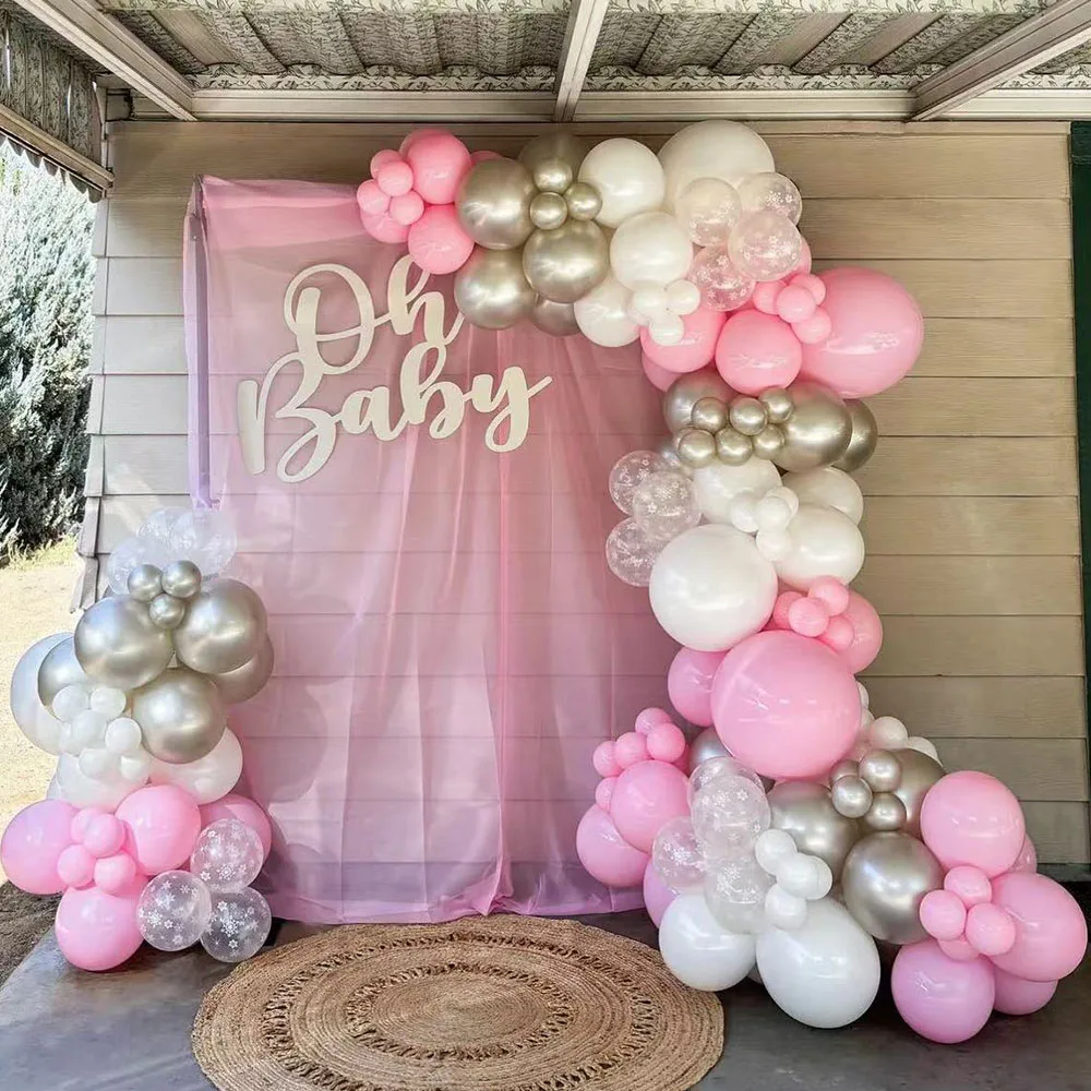 

129pcs Snowflake Winter Theme Balloon Garland Arch Kit Snowflake White Pink Latex Balloons for Baby Shower Birthday Party Decors