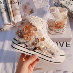 Women's Sports Shoes High-top Canvas Shoes Sweet Lace-up Shoes for Women White / Black Flowers Student Pretty Fairy Sneakers