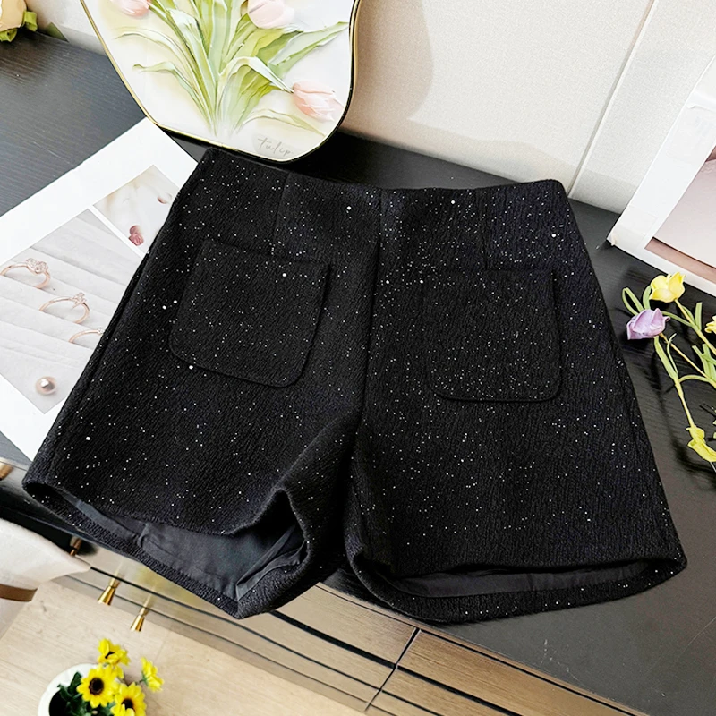 Temperament Thickened Sequined Woolen Shorts New Women's Fashion High Waist A-line Wide Leg Shorts Winter Versatile Short Pants