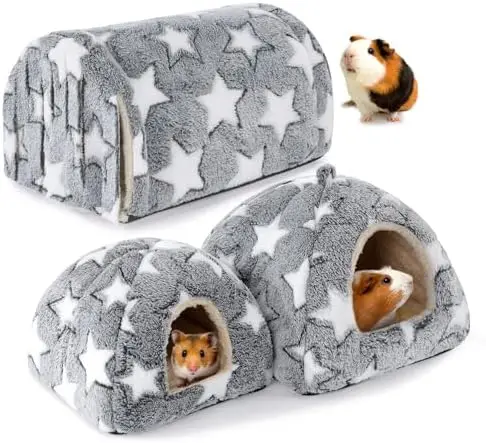 

MABOZOO 3-Piece Guinea Pig House Set – Washable Hideout with Tunnel & Curtains for Small Pets (Gray-Star)