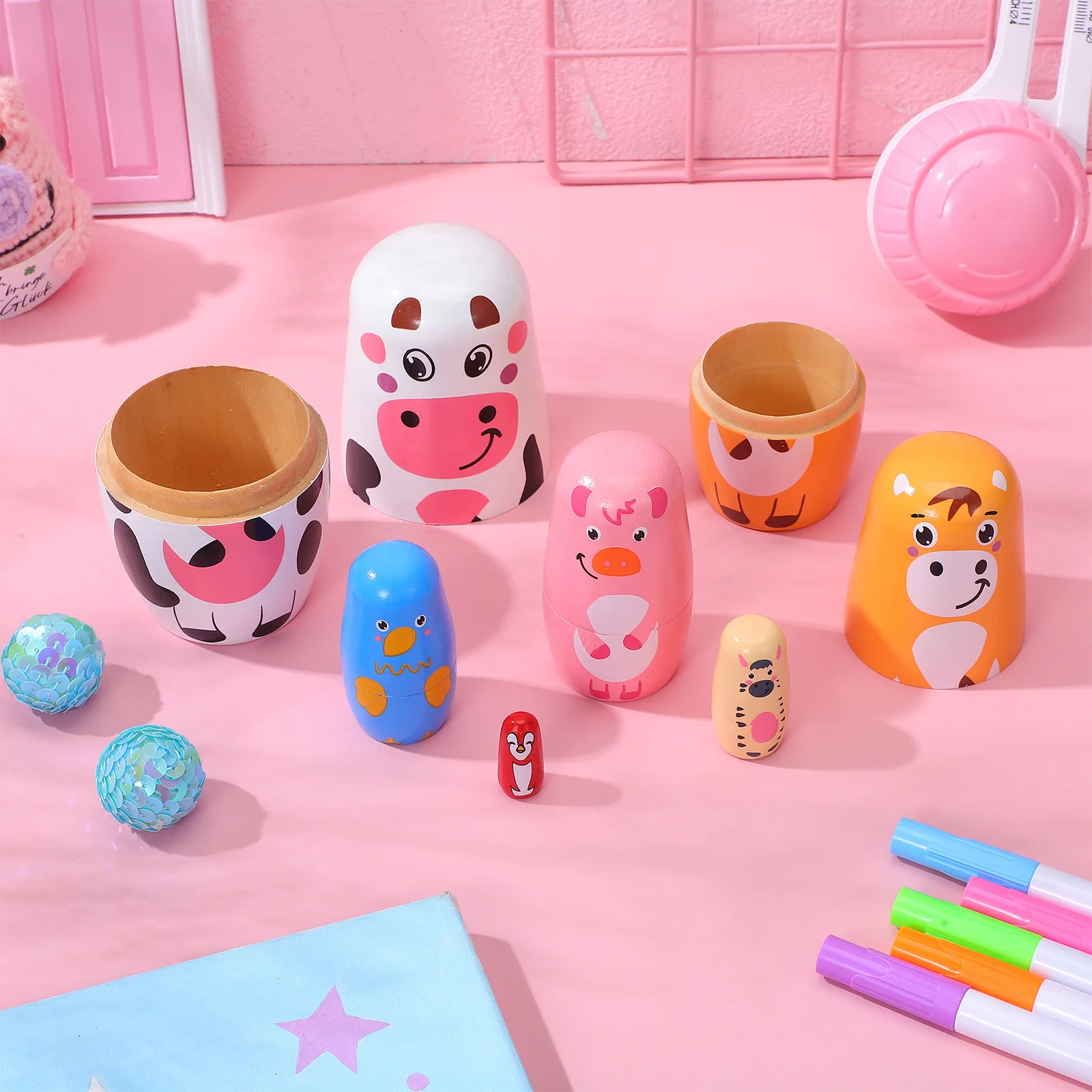 

1Set Wooden Nesting Animal Pattern Matryoshkas Russian Style Crafts Decorative Home Desk Educational Brain Development