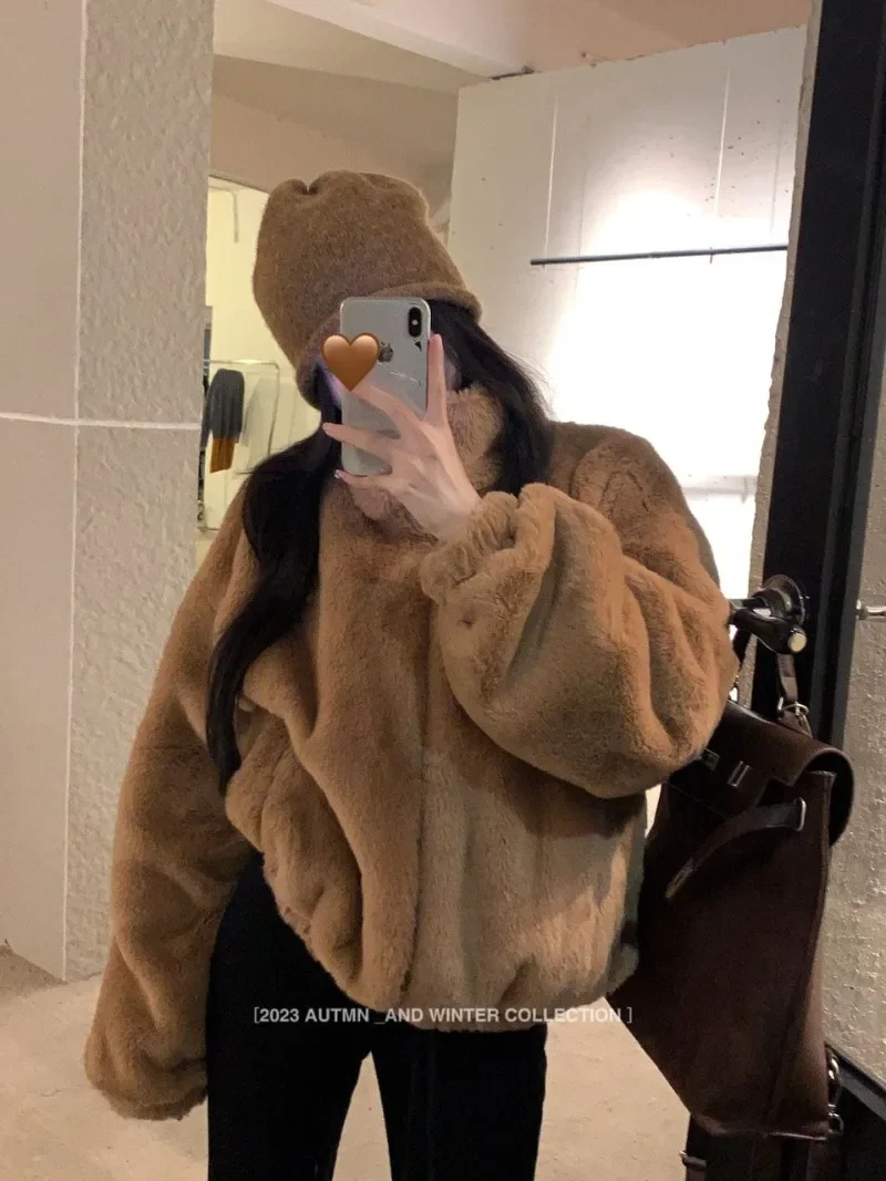 Shpmishal Fashion Maillard Brown Bear Cute Jacket 2024 Women's New Solid Color Thick Loose Warm Fury Short Top Female Clothing