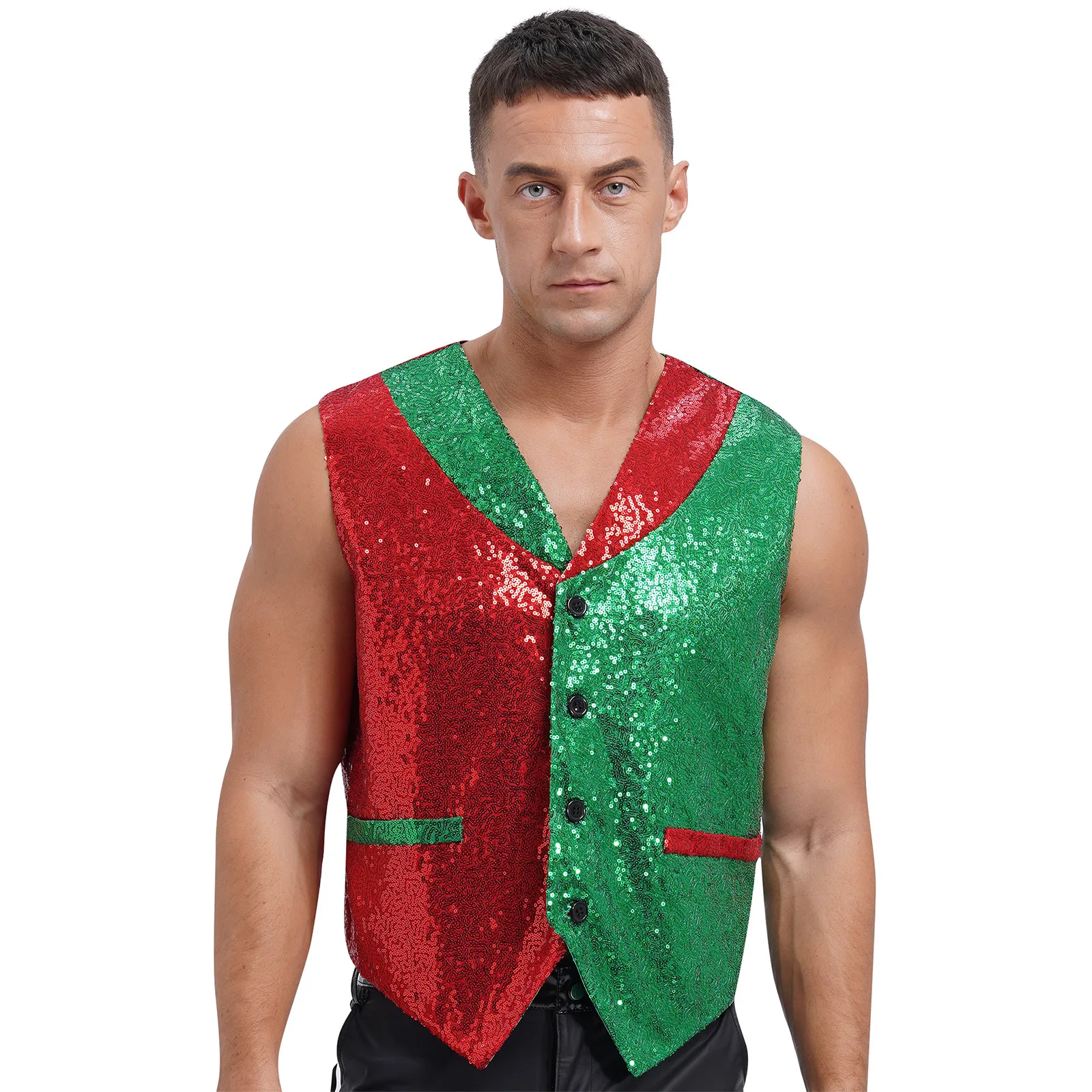 Men's Red Shiny Sequin Xmas Vest Santa Elf Waistcoat Contrast V Neck Magic Shows Vest Top for Christmas Halloween Dress Up