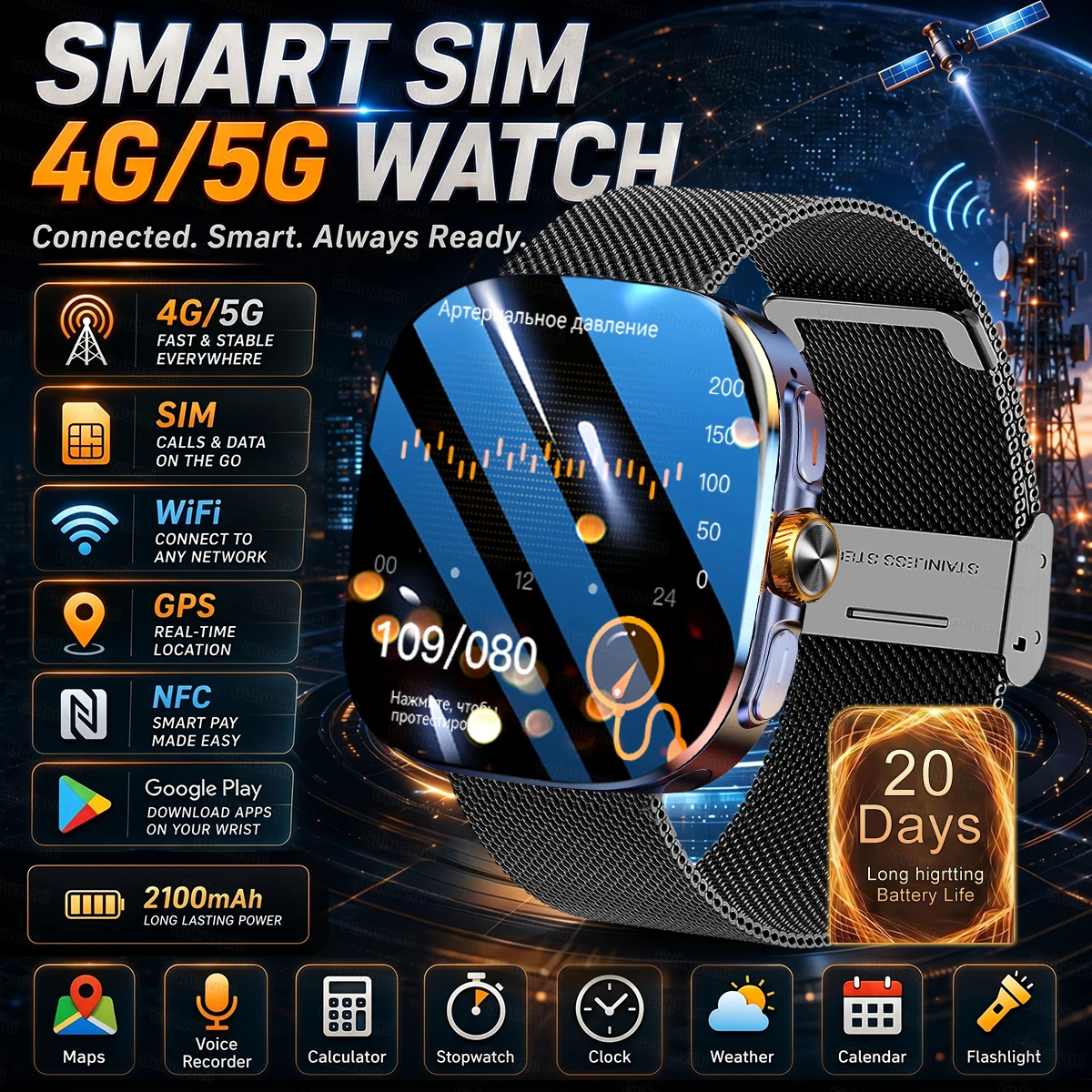 Neue Upgrade-Version 5G/4G Full Network Smartwatch AMOLED 2100mAh Drehbare Kamera GPS WIFI Google Apps Download Smartwatch-Telefon iOS