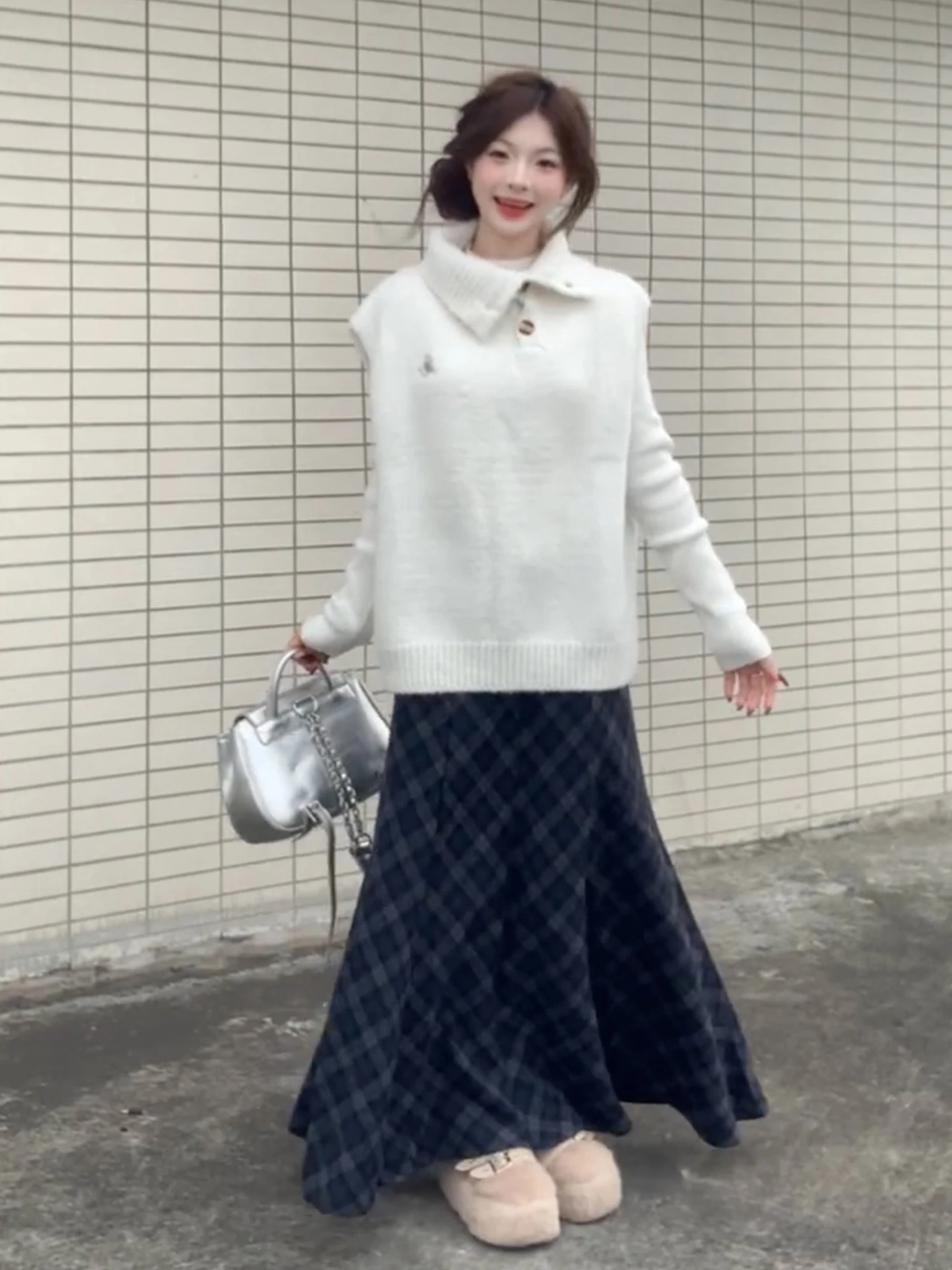 Pull tricoté blanc coréen pour femme, ensemble de pièces en t-shirt, taille haute, jupe trapèze longue, nouvelle collection automne hiver