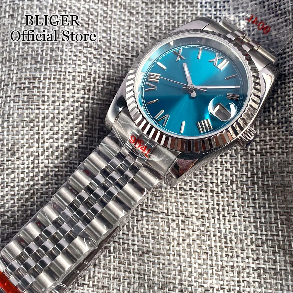 36mm NH35A Sunburst Silver Blue Dial Men Watch Sapphire Crystal Fluted Bezel Automatic Wristwatch Jubilee Strap