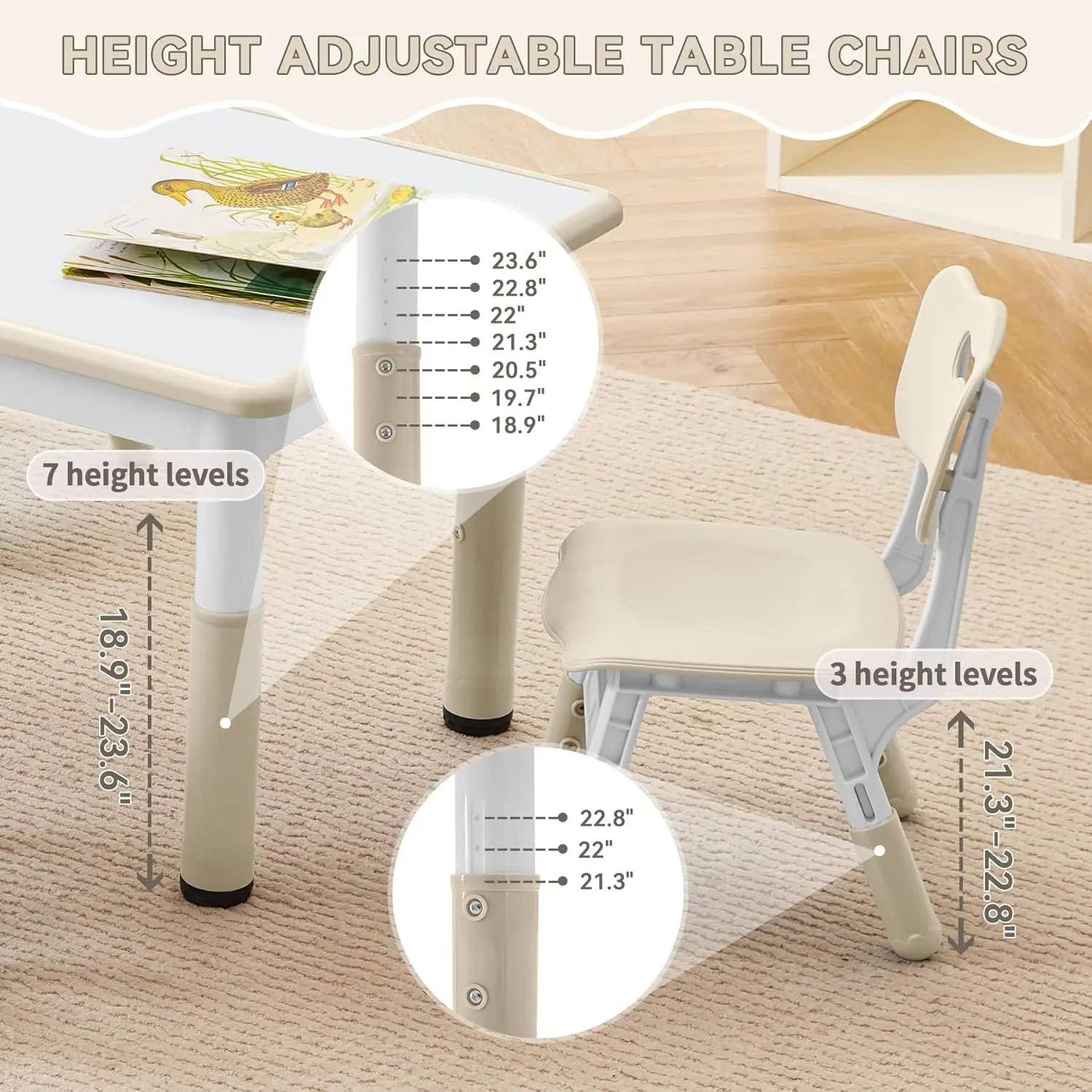 Kids Study Table and Chairs Set, Height Adjustable Toddler Table and Chair Set for Kids Ages 3-8, Graffiti Desktop