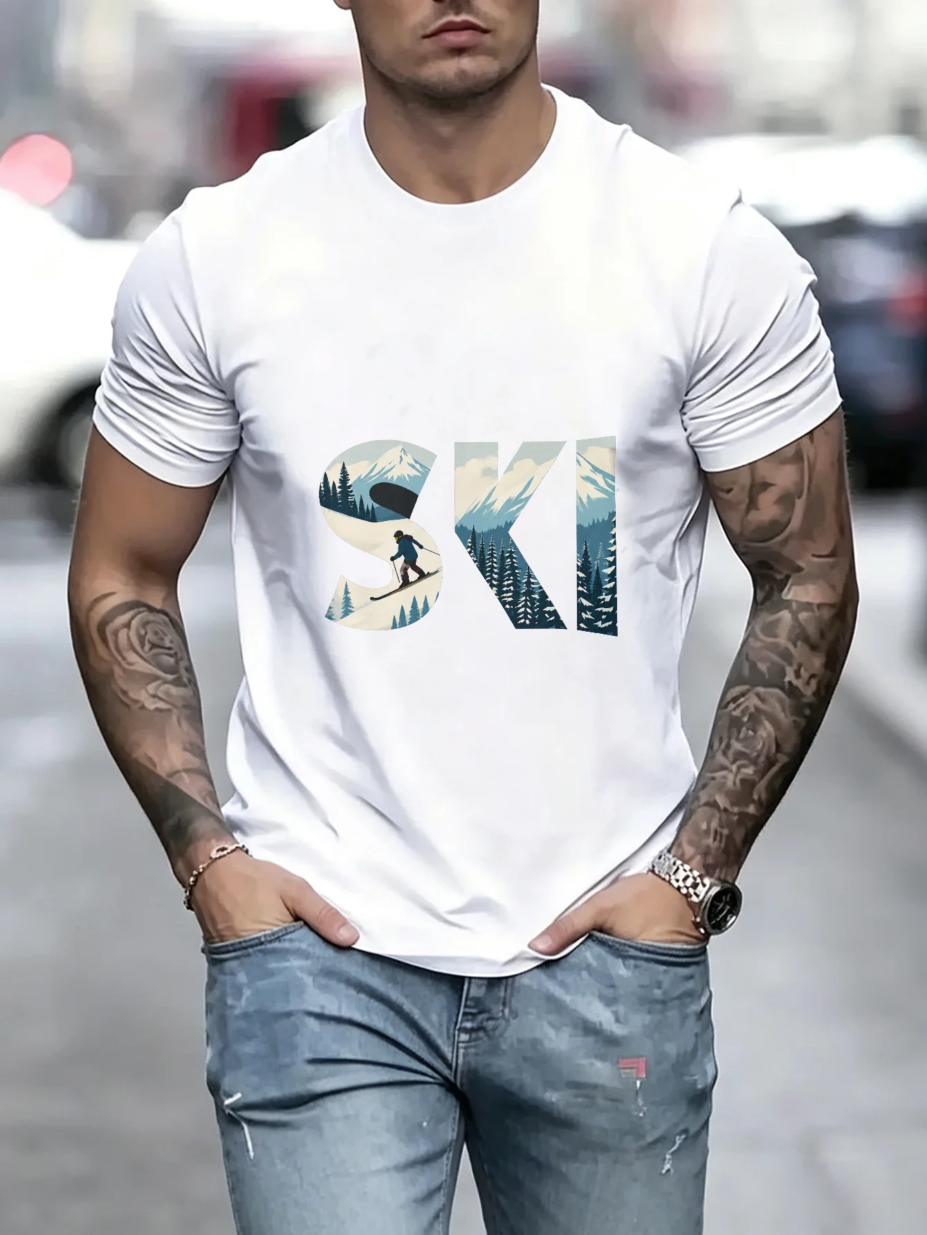 Unisex Ski Mountain Graphic TShirt, Cool Winter Sports Tee, Casual Streetwear Style, Comfortable Round Neck Top for Skiing Enthusiasts and Snow Lovers, Gift Idea