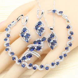 Silver 925 Jewelry Sets For Women Royal Blue Semi-precious Earrings Bracelet Rings Necklace Pendant Wedding Jewelry Gift Box