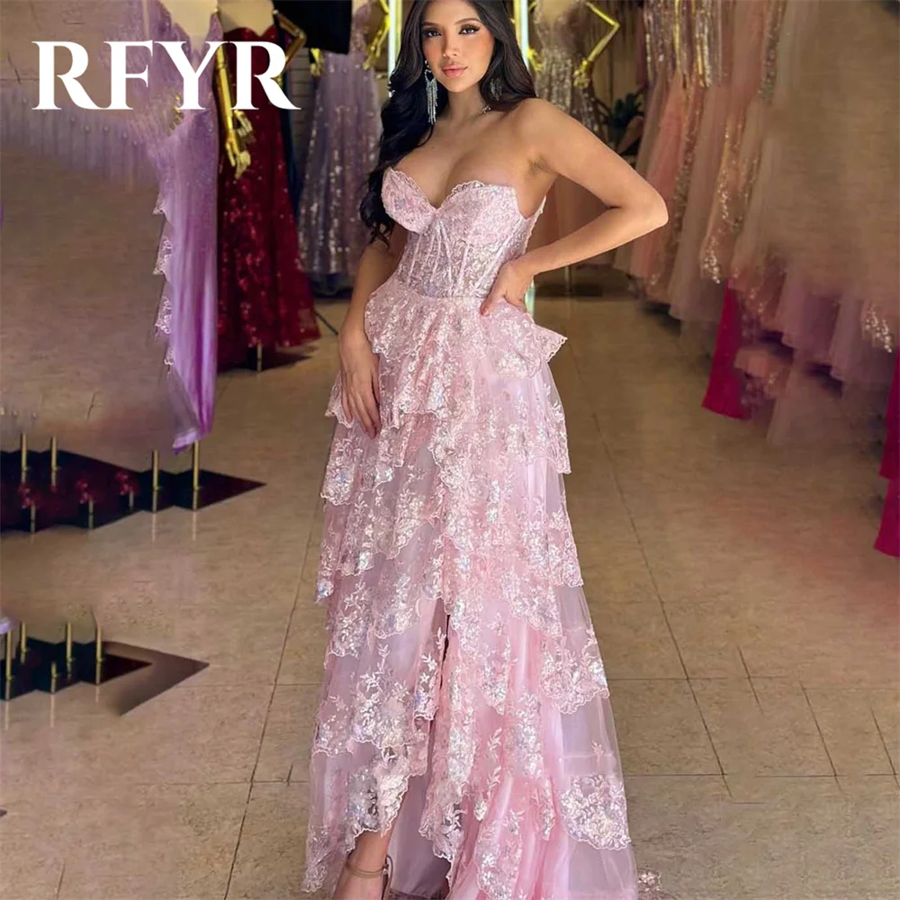 

RFYR Pink A-line Evening Dress Sweetheart Corset Vestidos De Noche Tiered Tulle Prom Dress with Pleat Appliques Long Party Dress