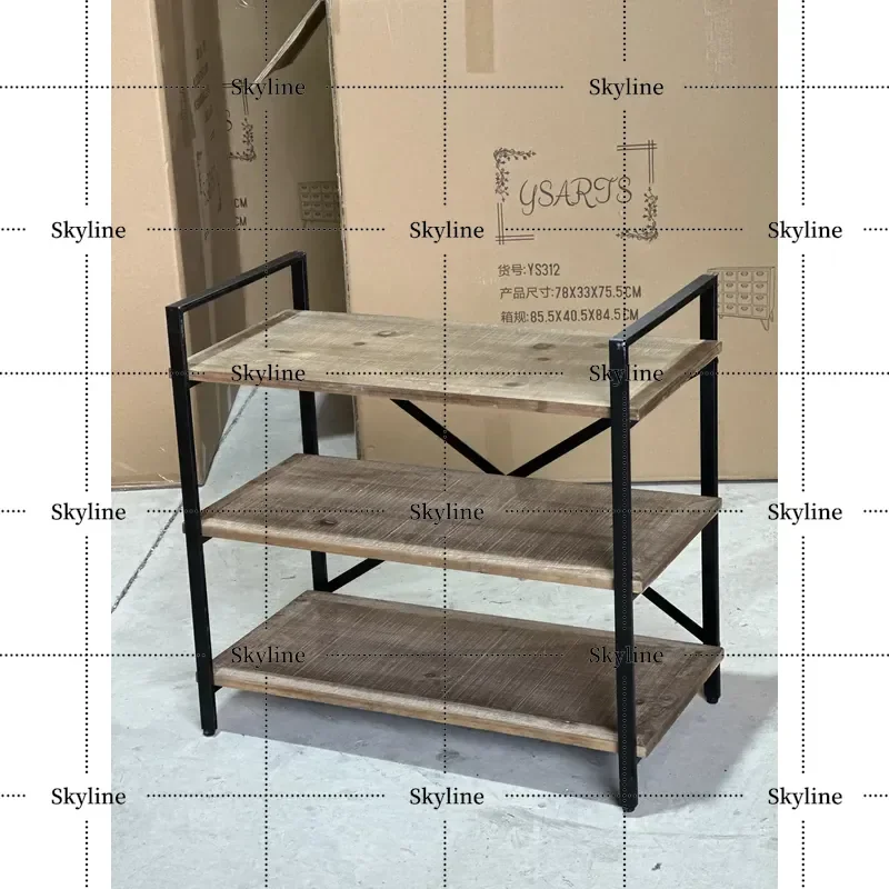 for Retro Solid Wood Wrought Iron Three Layer Shelf Flower Stand Display Rack Creative Design Export Original Order
