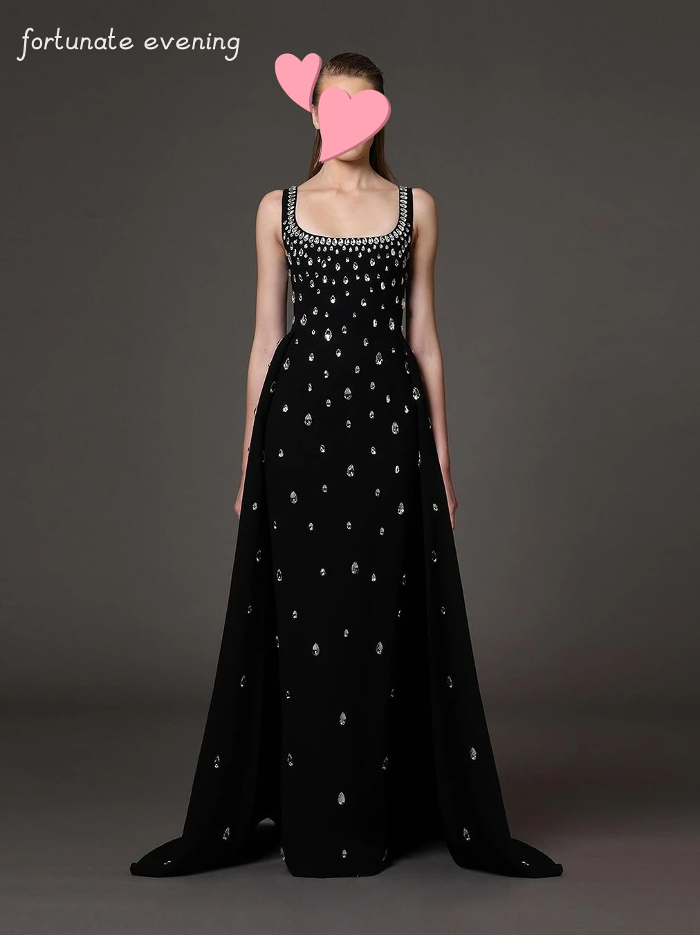 Fortunate Evening Elegant Vintage Sexy Black Crystal Beading A-Line Square Collar Formal Occasion Prom Dress Evening Party Gowns