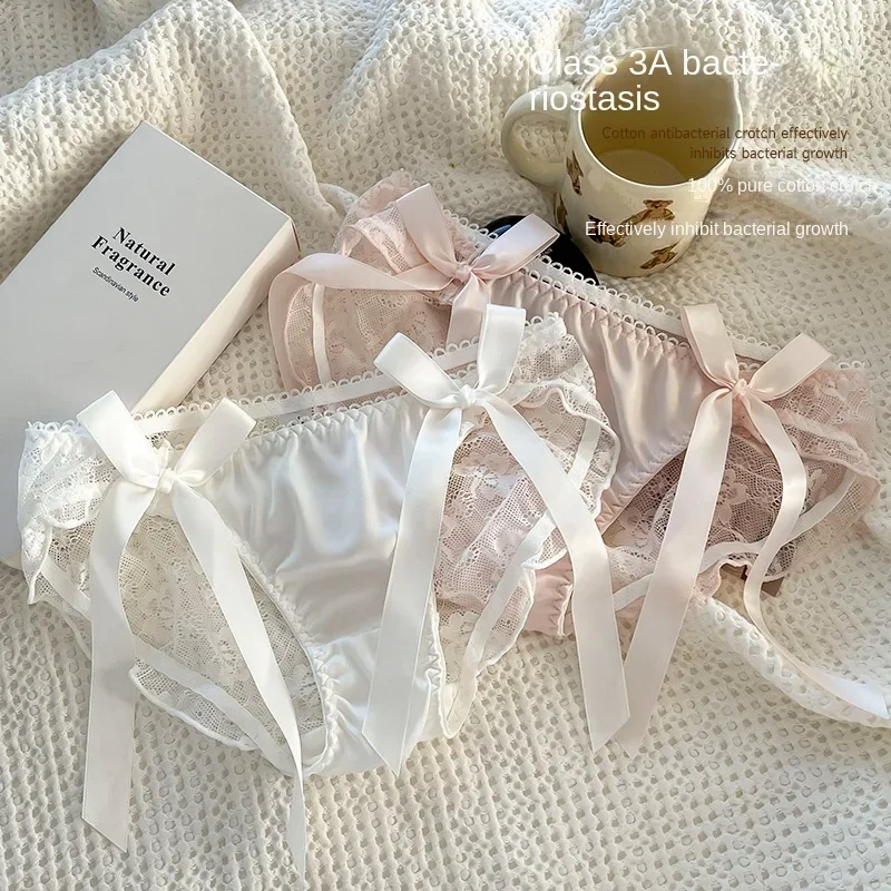 3 قطعة/المجموعة السيدات مثير شبكة سراويل منتصف الخصر سلس الدانتيل الملابس الداخلية ملخصات النمط الياباني فتاة شابة الملابس الداخلية الوردي القوس الملابس الداخلية