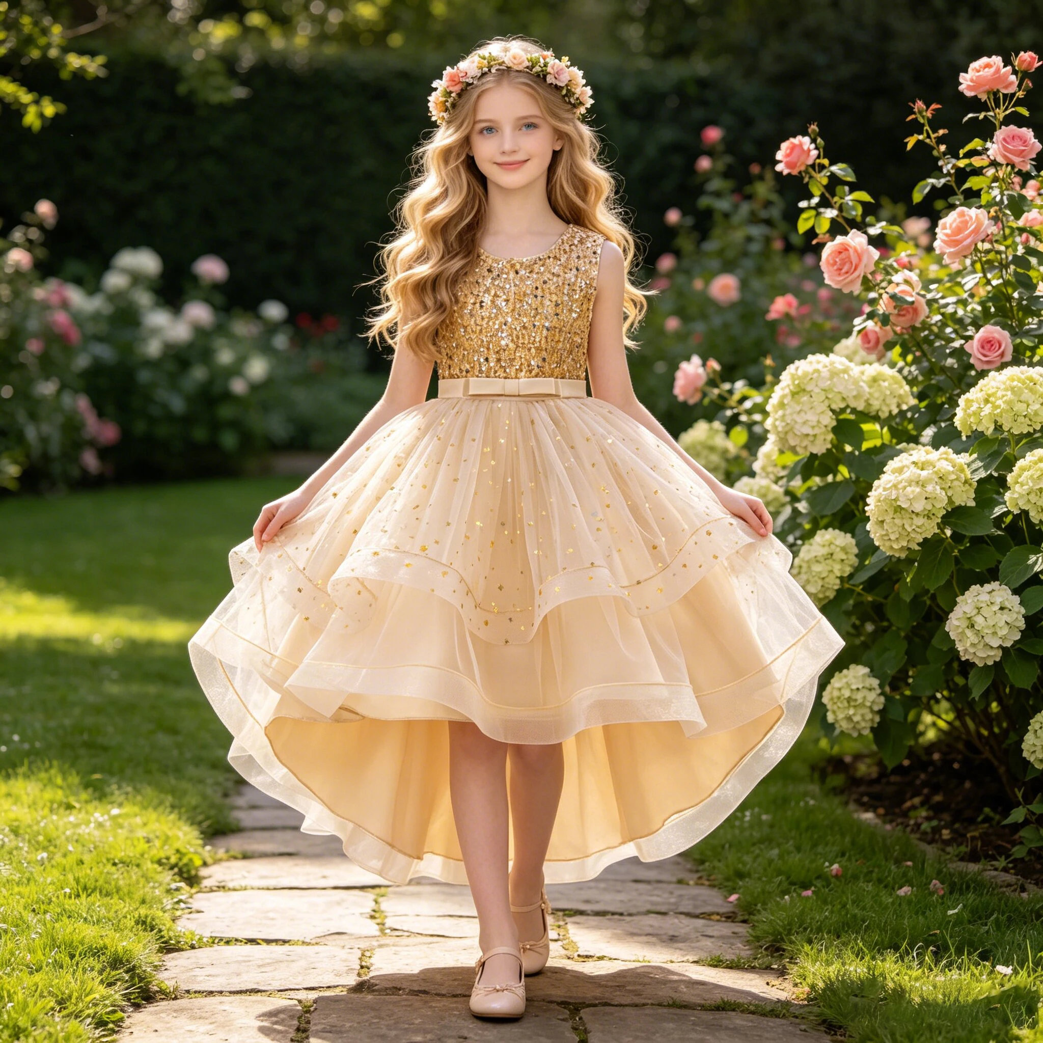 Gold Sequin Party Girls Dresses Elegant Wedding Princess Dress Vestidos Bridesmaid Birthday Prom Bow Trailing Christmas Costumes