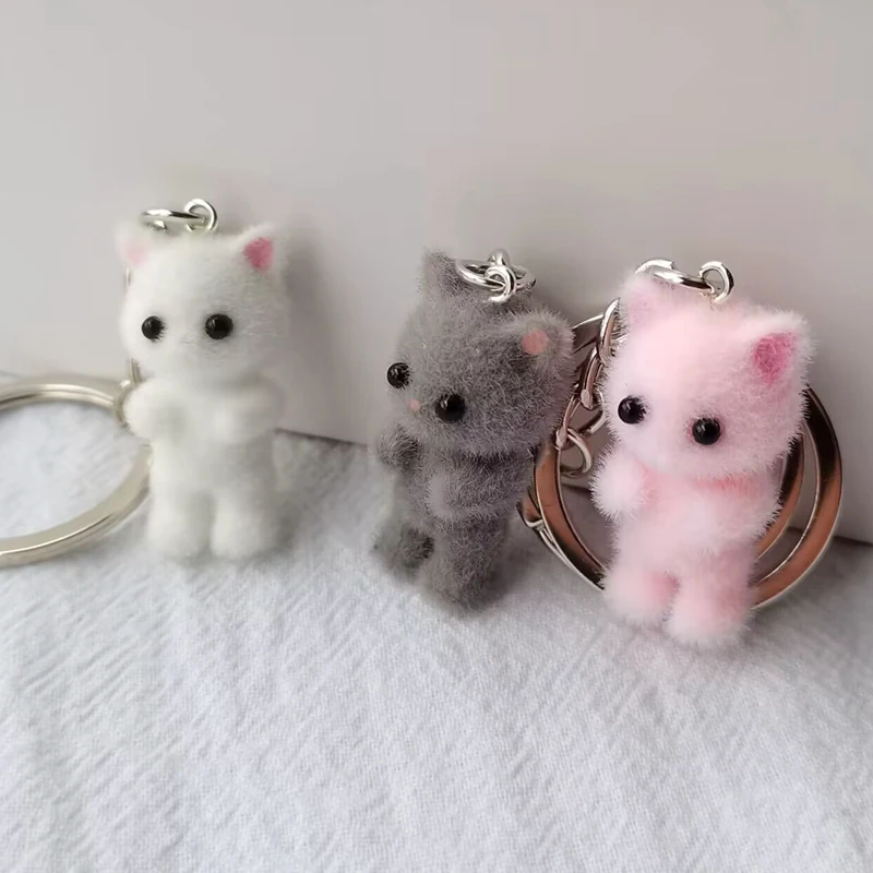 1PCS Kawaii Flocking Cat Keychain Cute Kitty Key Ring Animal Key Chains Pet lover Gifts For Women Men Car Keys DIY Jewelry