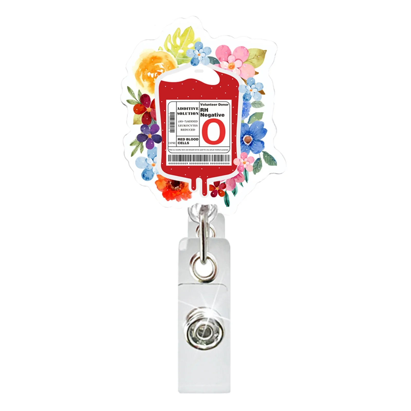 Glitter Flower Retractable Badge Reel Clips para Enfermeira, Médico, Hospital, Trabalhadores Médicos, Suporte de cartão acrílico, Tipo de sangue Saco, Novo, 1Pc