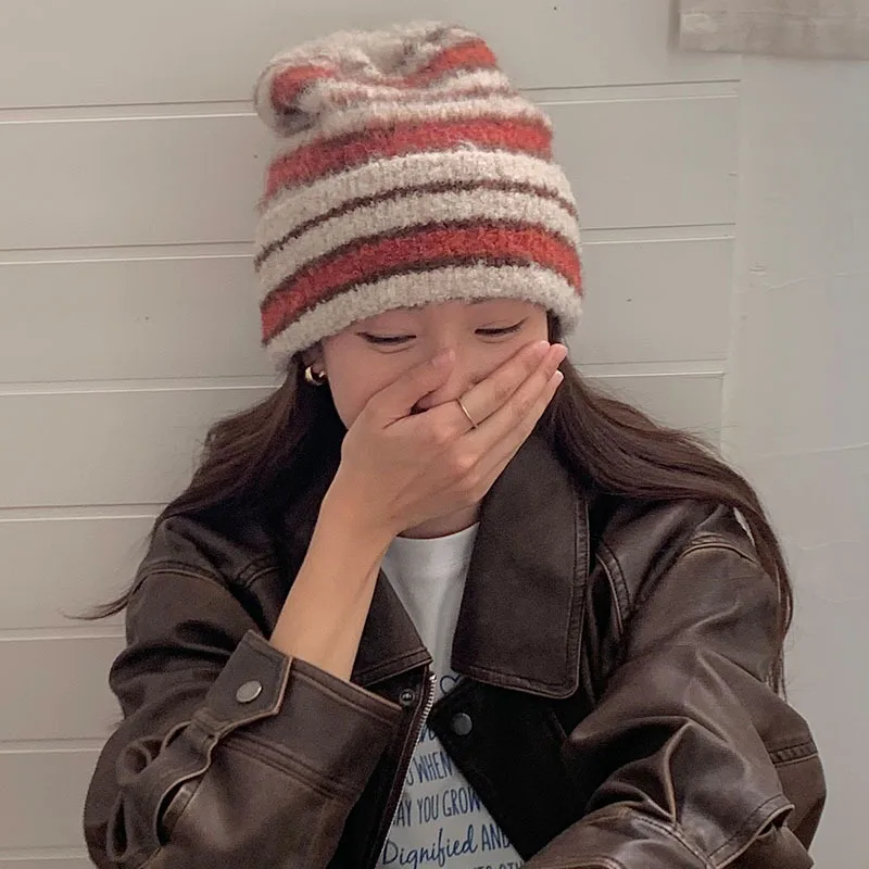 Полосатые вязаные облегающие шапки, шапки для женщин и мужчин, зимние плюшевые теплые шапки, шапка унисекс, для улицы, для защиты от холода, лыжные аксессуары Полосатые вязаные облегающие шапки, шапки для женщин и мужчин, зимние плюшевые теплые шапки, шапка унисекс, для улицы, для защиты от холода, лыжные аксессуары