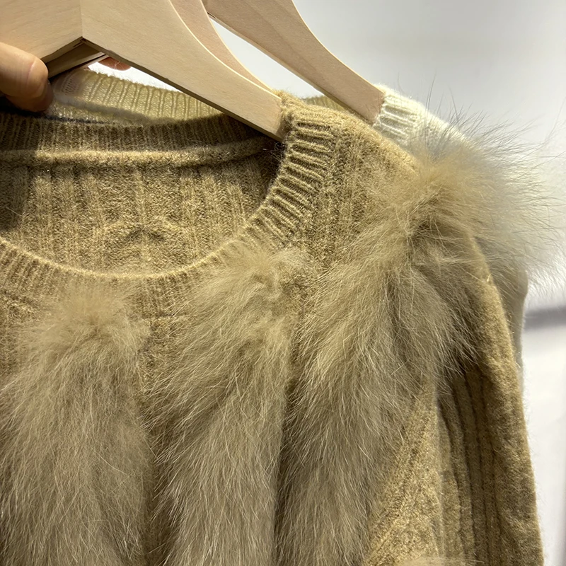 2025 femmes automne chameau classique Streetwear col rond naturel fourrure de renard blanc pull tricoté manteau