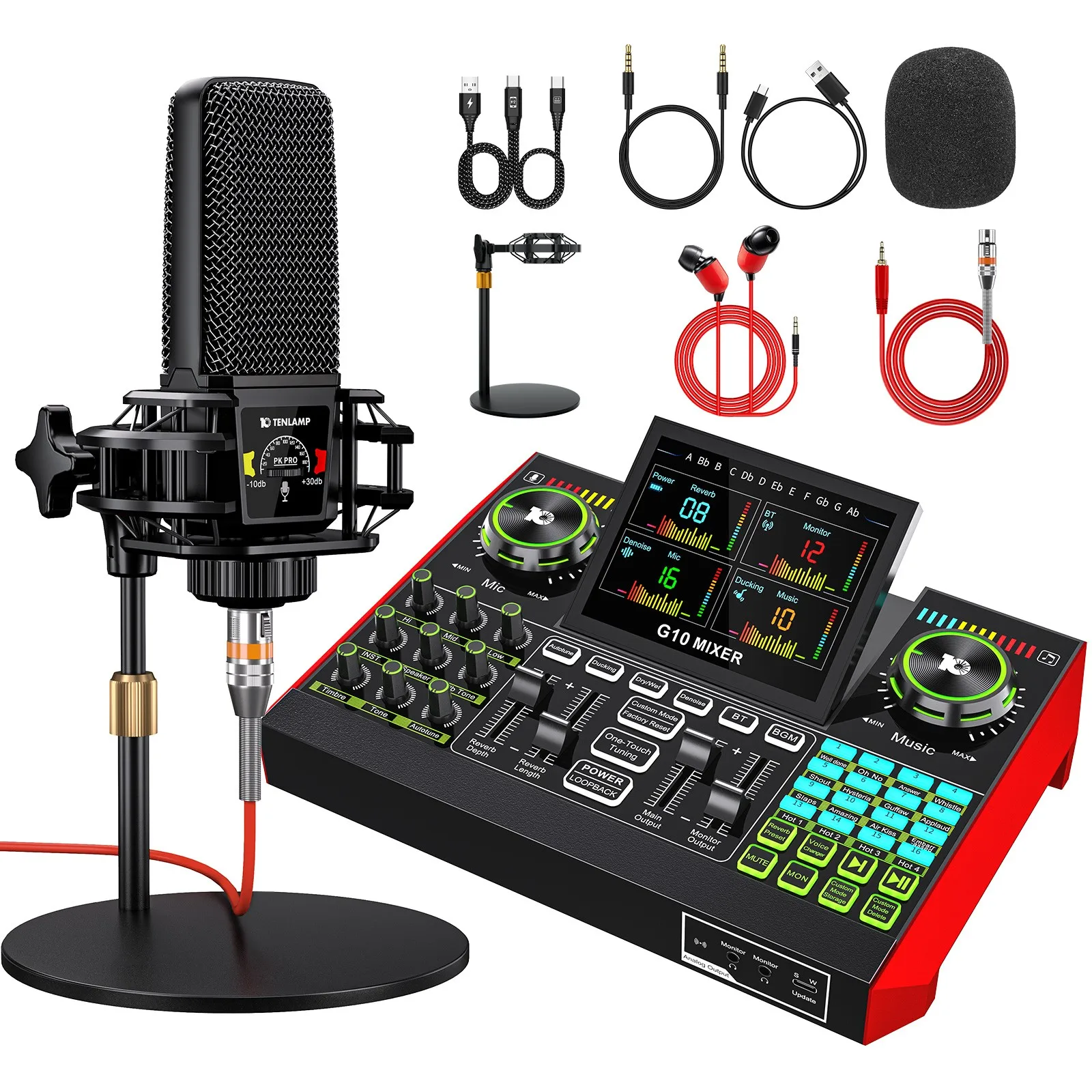 Tenlamp G10-BM800 Podcast Live Streaming Recording Mobile Phone Sound Card Mic Kit - Professional Audio Recording Set