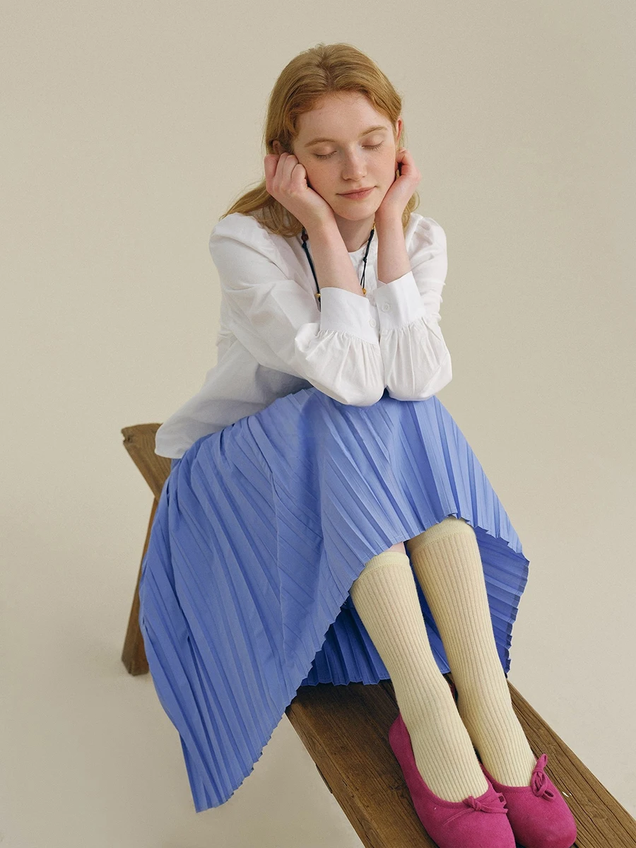 REDDACHiC السماء الزرقاء المرقعة الطية تنورة مكتب العمل عادية الصلبة رقيقة عالية الخصر ألف خط فلوي تنورة طويلة الصيف النساء قيعان