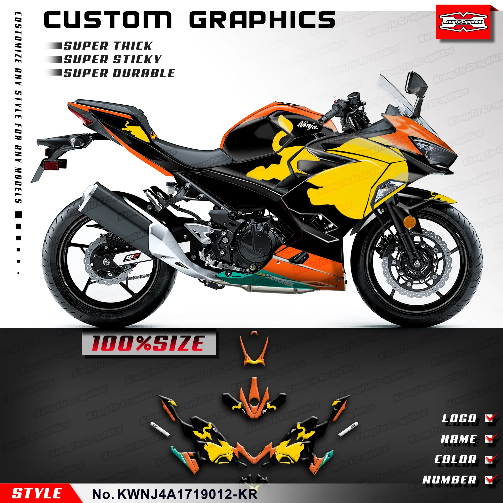 

KUNGFU GRAPHICS Adhesive Sticker Glossy Laminate for Kawasaki Ninja 250 400 ABS KRT 2017 2018 2019-2023, KWNJ4A1719012-KR