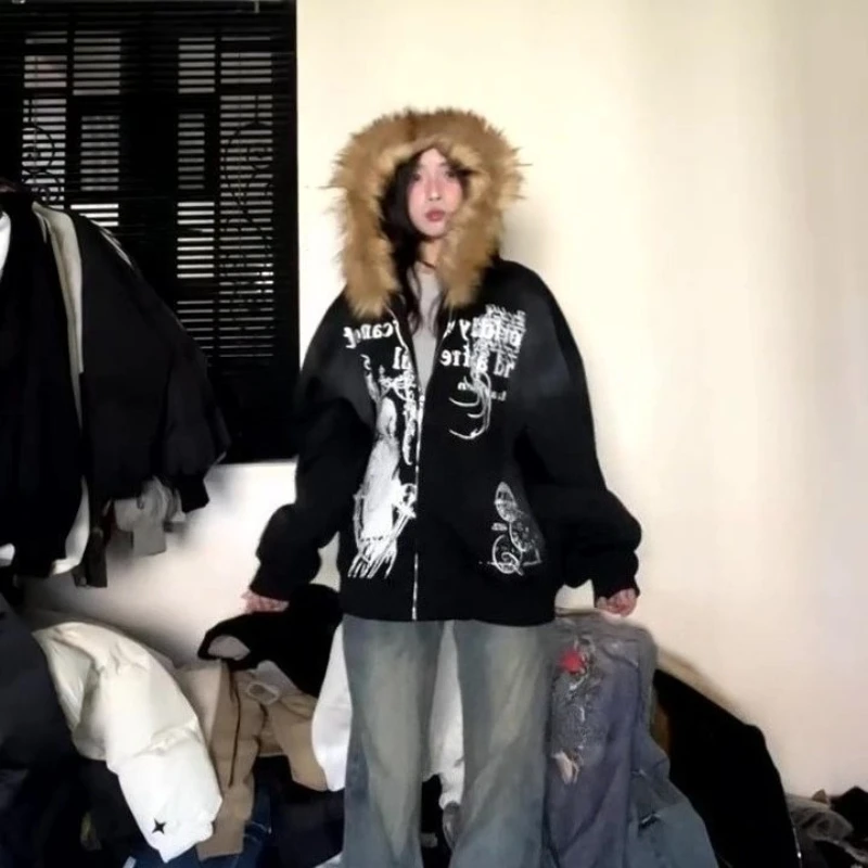 الأمريكية خمر الشرير معطف غير رسمي فو الفراء فضفاض لون نقي شارع العليا سحاب أكمام طويلة الكرتون إلكتروني نمط أبلى الخريف