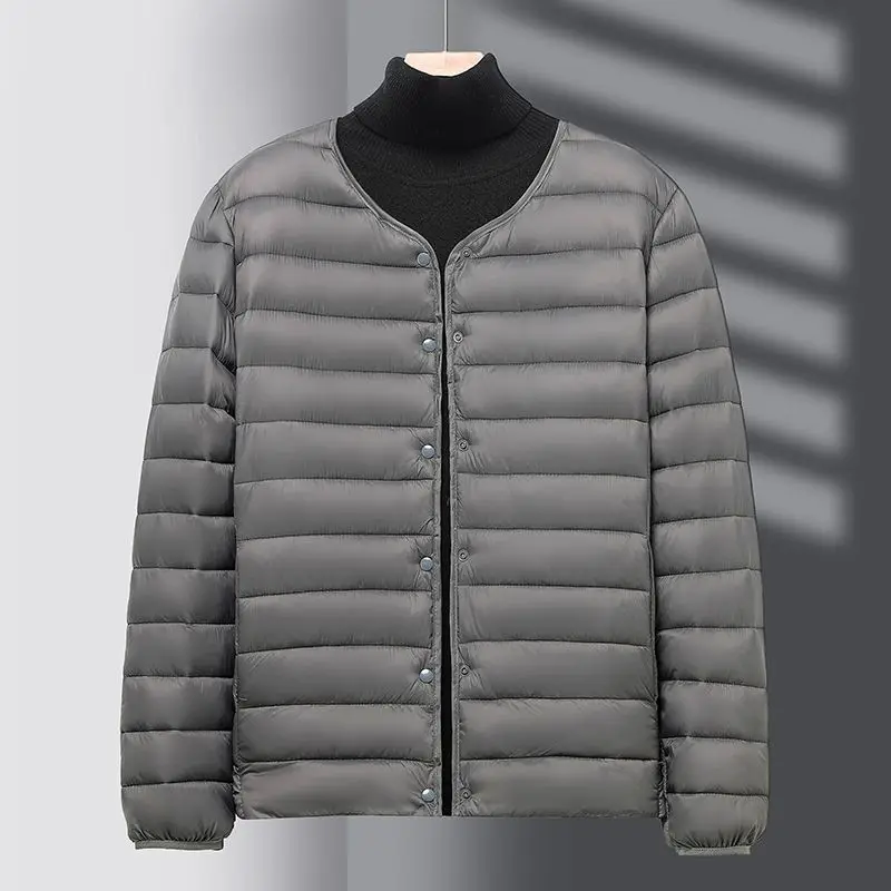 Men Round Neck Lightweight Quilted Padded Coat Thin Warm Inner Liner Jacket Middle Aged Male Autumn Winter Outerwear