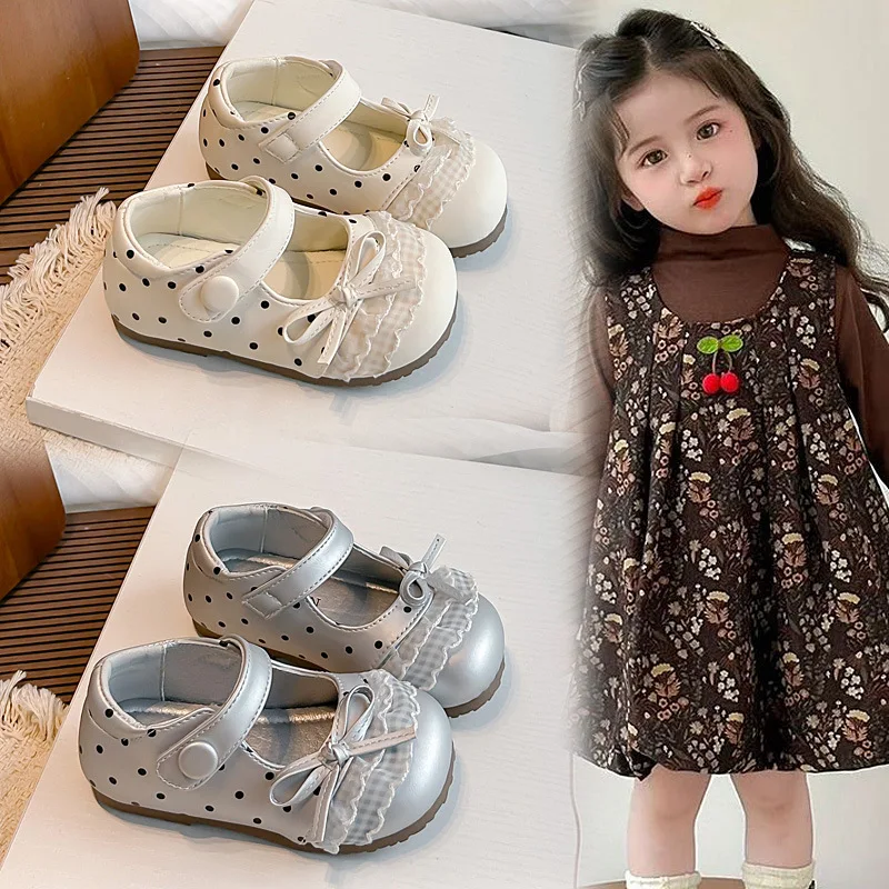 Children's Polka Dot Solid Color PU Leather Shoes Spring Autumn Girls Plaid Lace Kids Cute Bow Princess Shoes