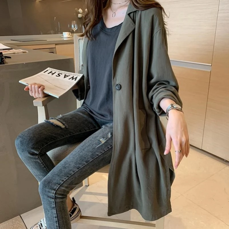 Spring Autumn New Solid Color Tailored Collar Long Sleeve Fashion Trench Women High Street Button Cardigan Vintage Elegant Tops