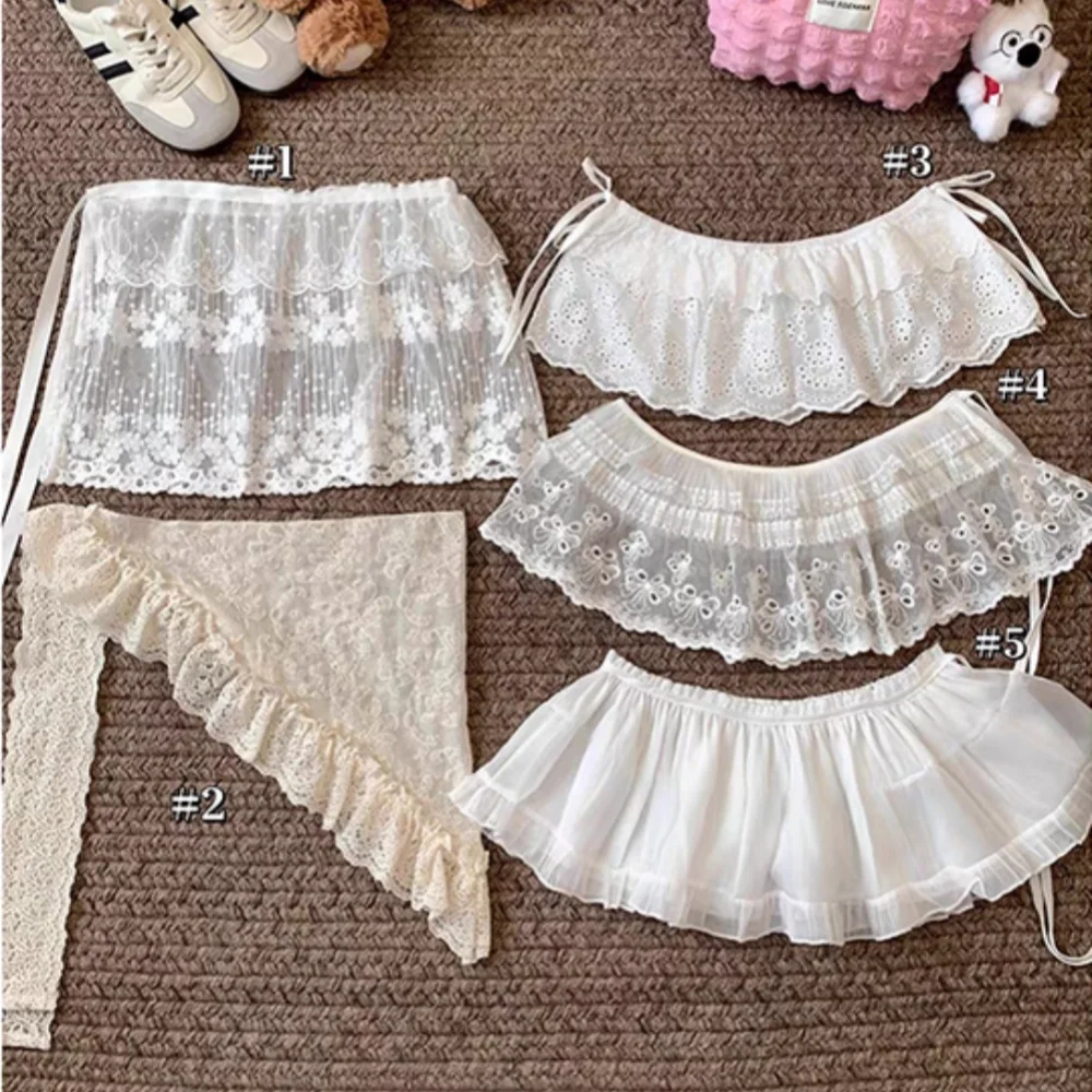 

Y2K Mini Skirts Women Harajuku Aesthetic White Tulle Bandage Skirt Japanese Vintage Lolita Lace Trim Miniskirt Matching Pants