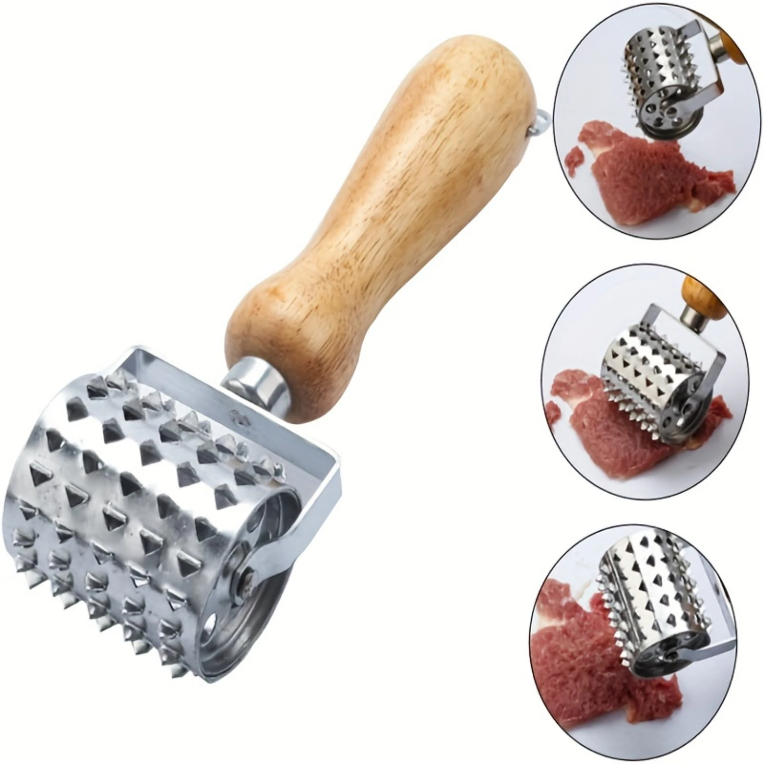 

Stainless Steel Meat Tenderizer with Wooden Handle, Professional Meat Tenderizing Tool for Steak, Beef, Pork, Kitchen Rolling Ha