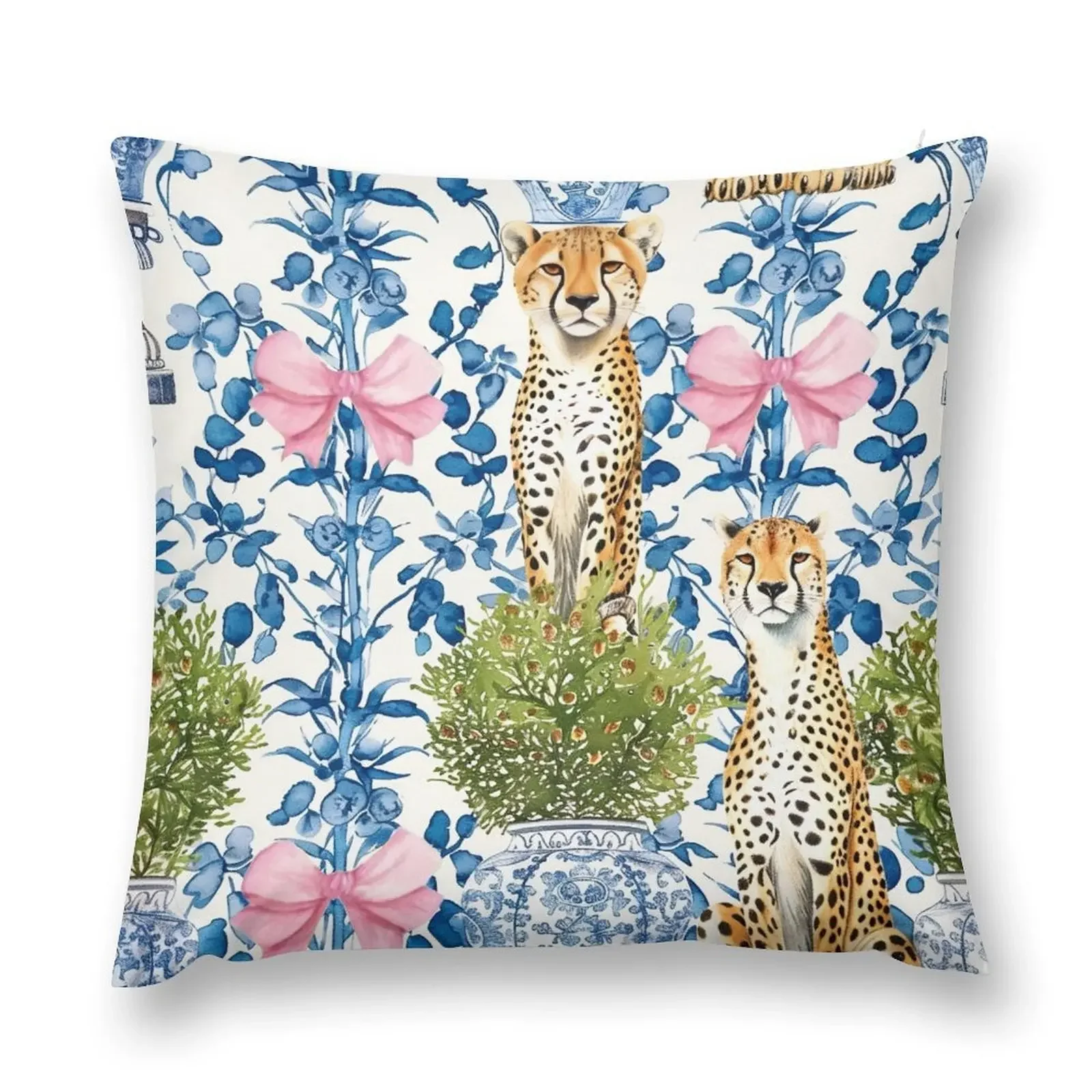 Grandmillennial cheetahs, topiaries in chinoiserie jars and pink bows on blue and white porcelain background Throw Pillow