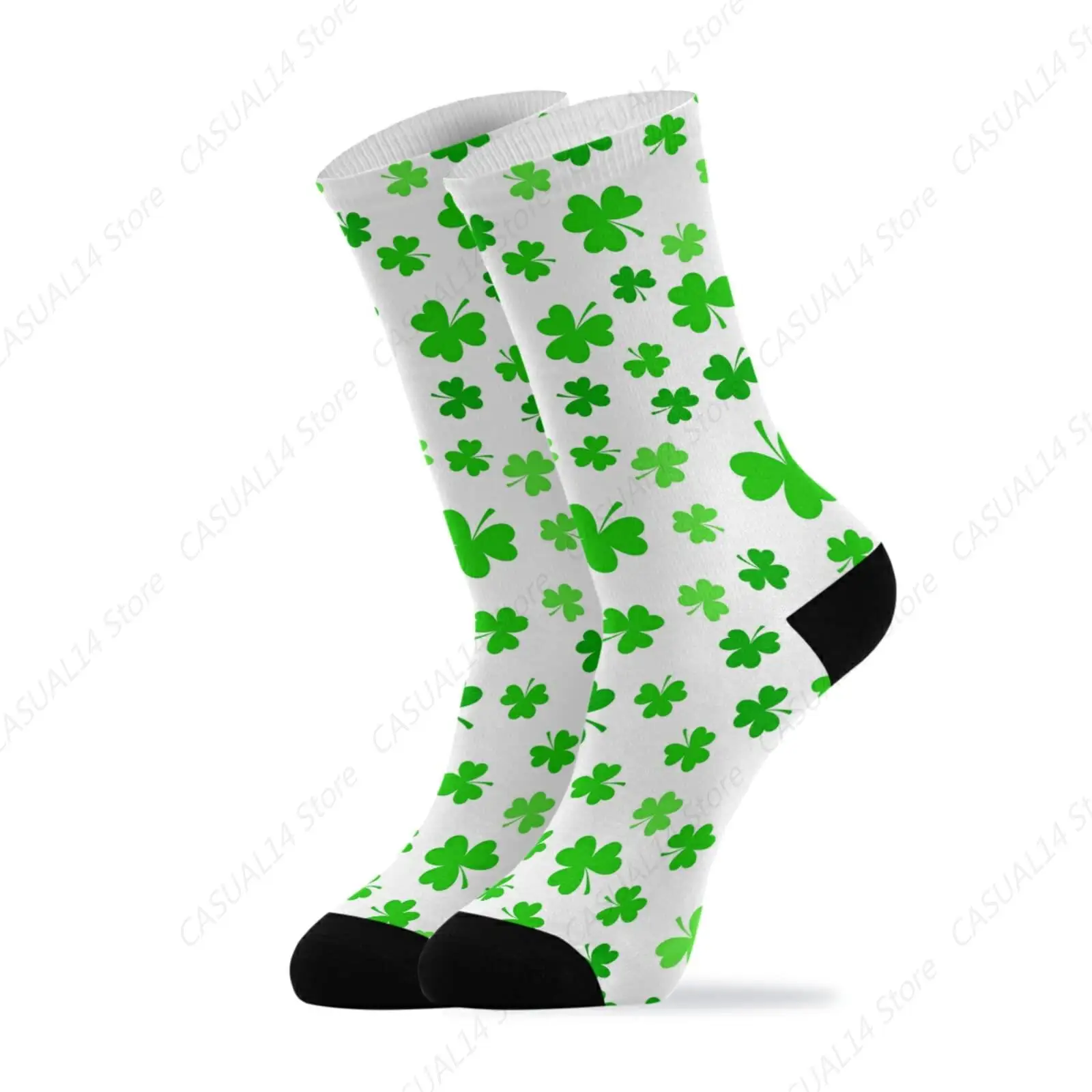 St's Patrick's Irish Shamrock Green Clover Leaves On White Casual Compression Crew Knee High Sock Athletic Soft Socks