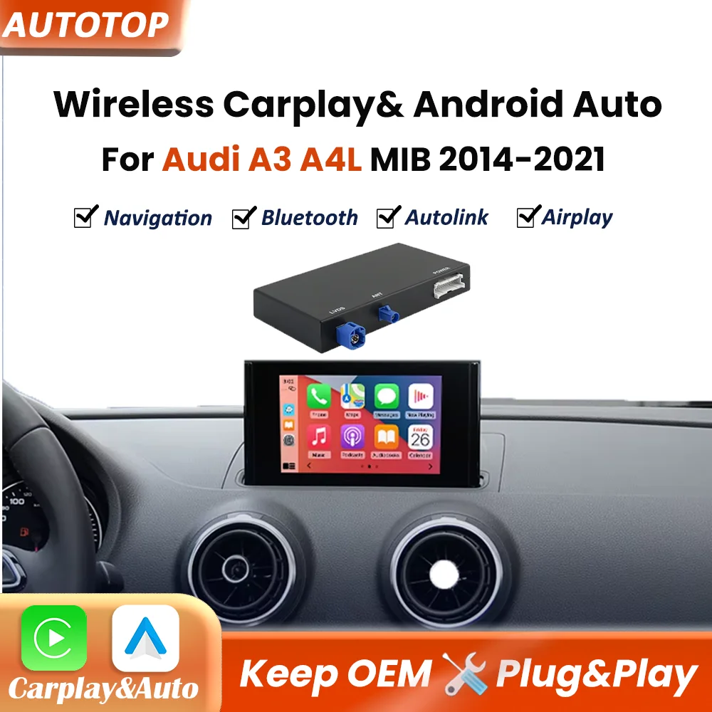 Decoder per CarPlay wireless e Android Auto con funzione Mirror Link per Audi A3 A4L A5 Q2L Q5L Q7 2014-2021, sistema MIB, modulo interfaccia BT GPS AUX
