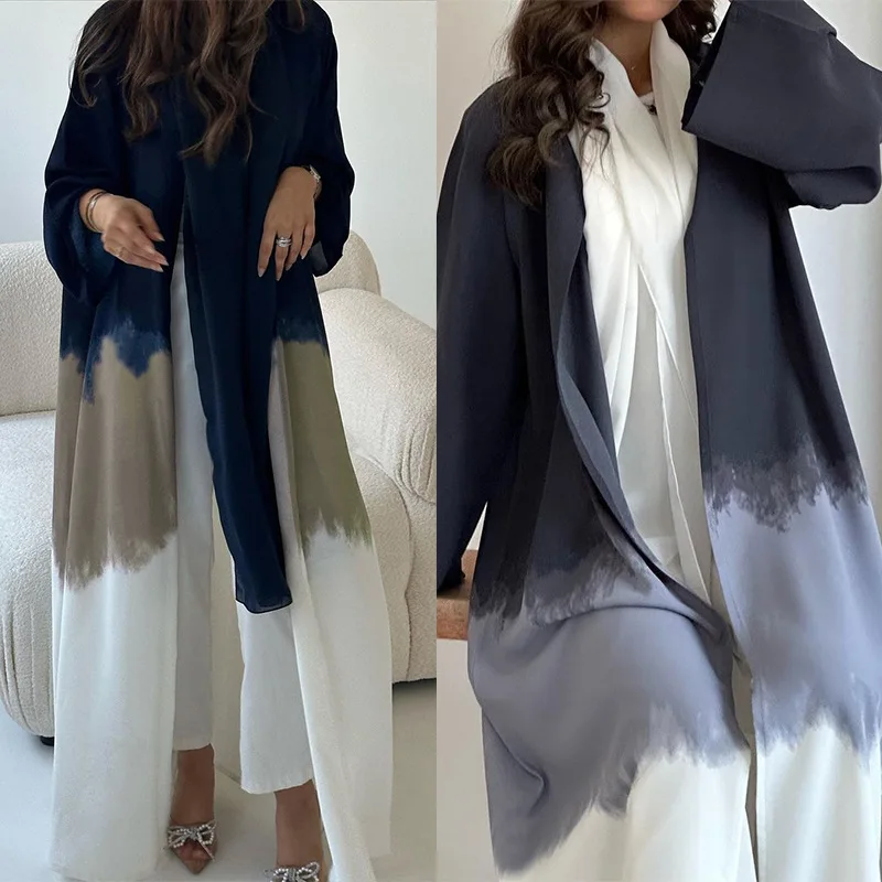 Stylish Tie Dyed Kimono Open Abaya for Women Cloak Cardigan Robe Dubai Islamic Clothing Loose Coverup Turkish Gowns Outwear